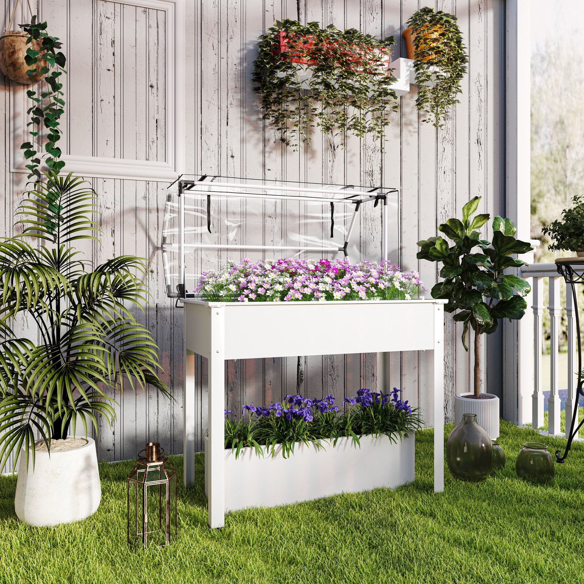 Elevated Garden Box with Greenhouse Cover, Raised Garden Bed with Legs and Drainage Hole for Vegetables, White - White - Image 2