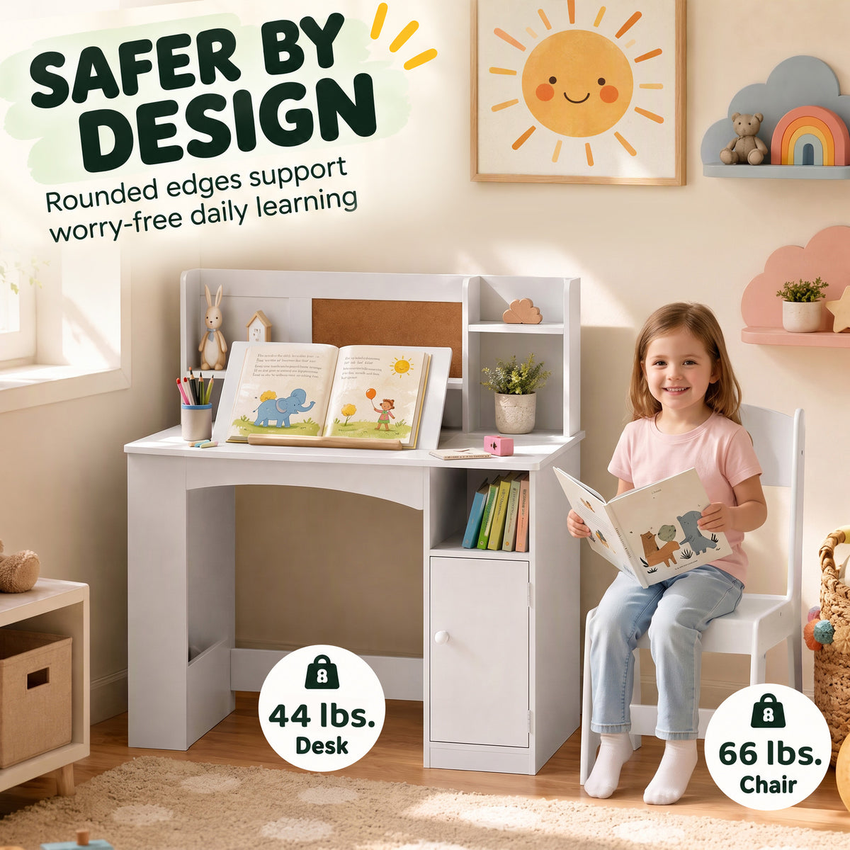 Kids Desk and Chair Set, Wooden Children Study Table with Tiltable Desktop, Storage Cabinet, Hutch for 3-12, White