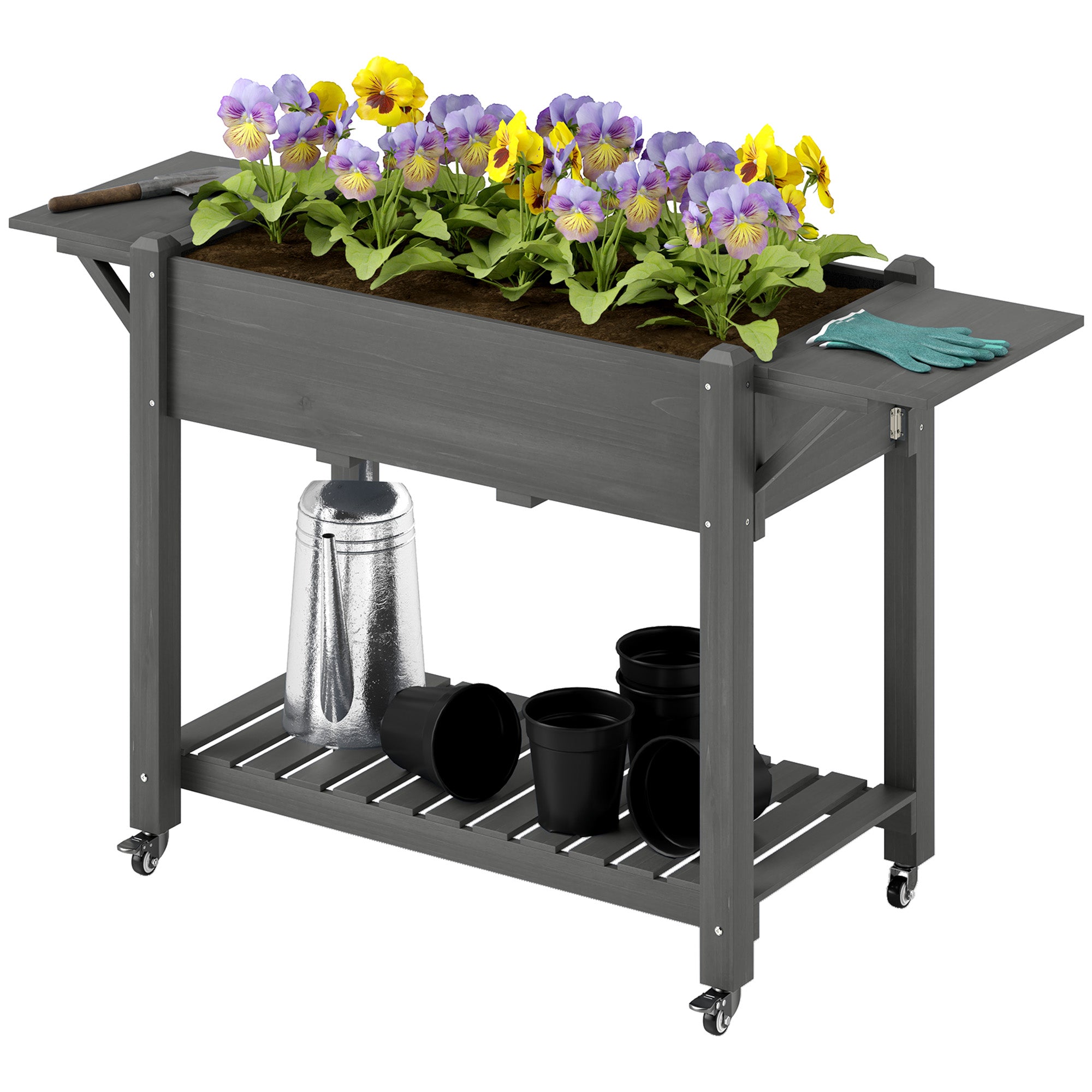 Wood Raised Planter Box, Elevated Garden Bed with Lockable Wheels, Side Tables, Bottom Shelf, Drain Holes, Gray - Gray