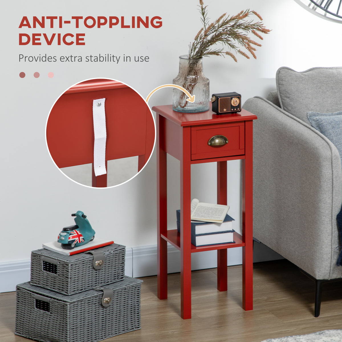 2-Tier Nightstand, Side Table with Drawer and Shelf for Living Room or Bedroom, Set of 2, Red