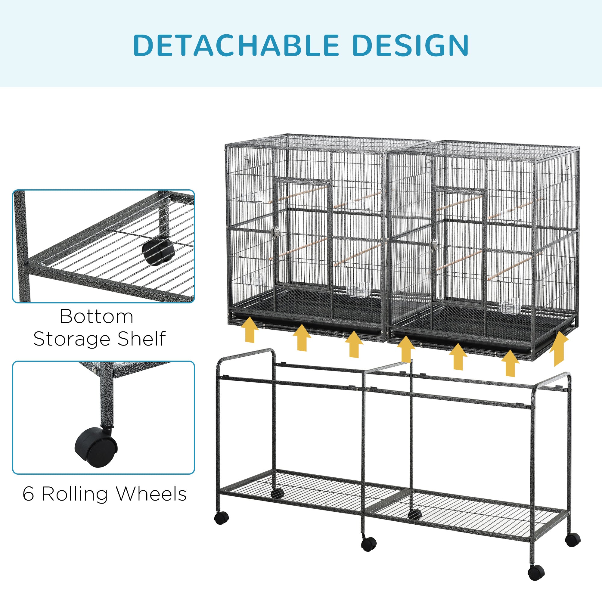 Rolling 65"L Bird Cage w/ Storage Shelf Wood Perch Food Container - Black, Gray - Image 6