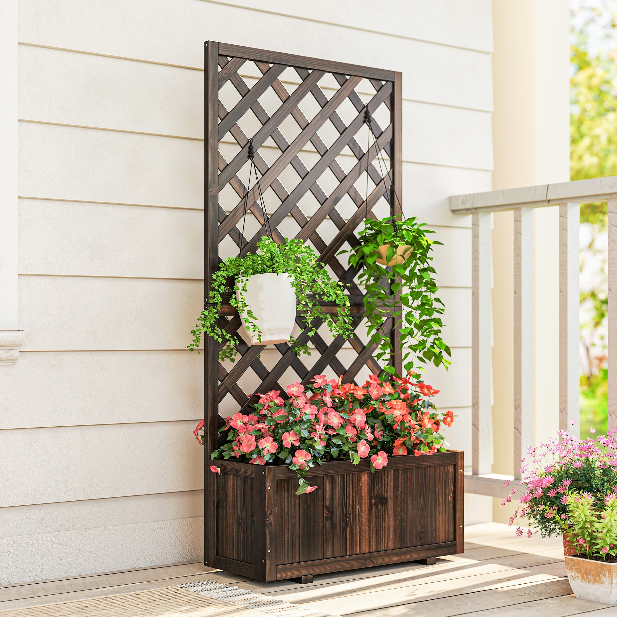 Wooden Raised Garden Bed Planting Planter Box with Trellis and Drain Holes for Climbing Vine Plants, Brown - Brown - Image 8