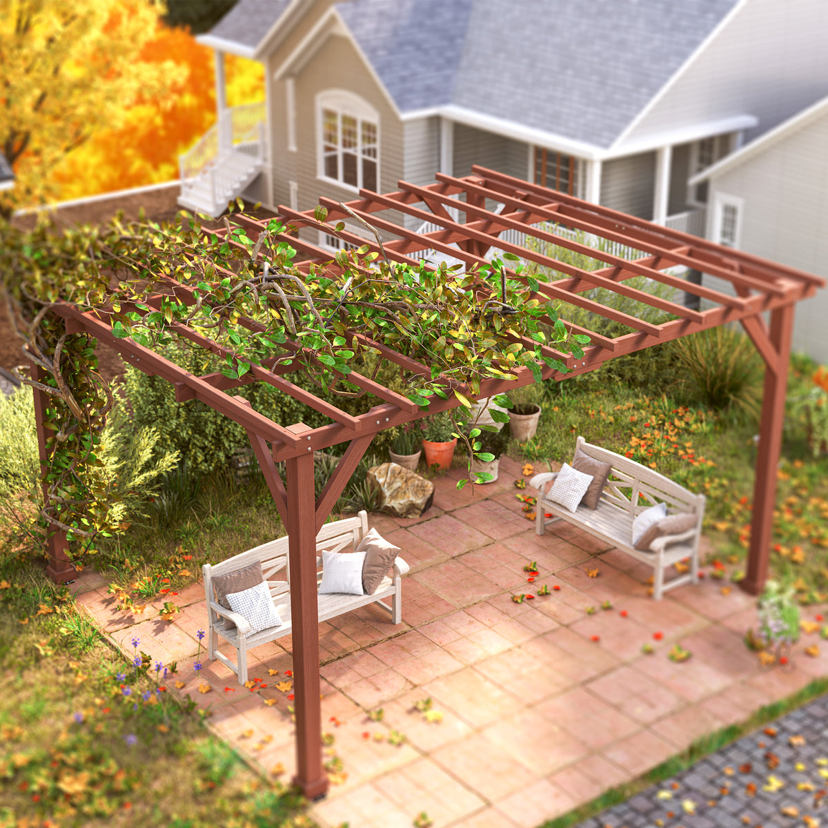 11' x 12.5' Outdoor Wood Pergola with Grape Trellis for Patio, Deck, Backyard, Lawn