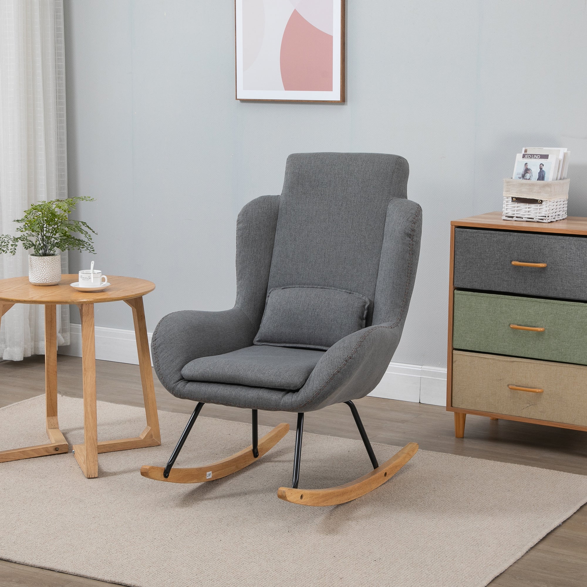 Modern Rocking Chair with Removable Lumbar Pillow Fabric Sofa Armchair with Thick Padding, Metal Frame, Wood Base for Living Room, Light Gray