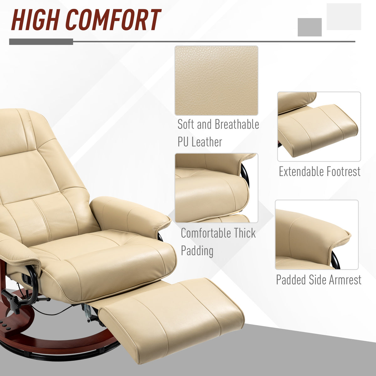 Air Leather Manual Recliner, Adjustable Swivel Lounge Chair with Footrest, Armrest and Wrapped Wood Base, Cream White