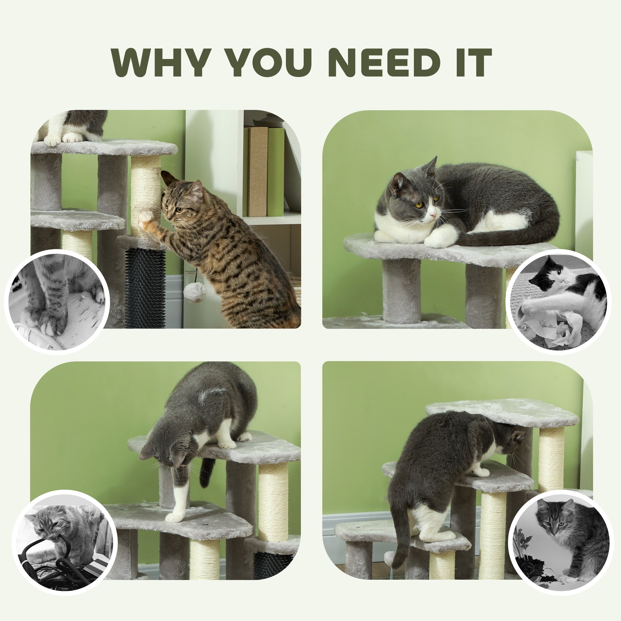 2 in 1 Cat Tree Tower 3-Step Pet Stairs with Scratching Posts, Tickling Post, Toy Balls, for High Beds, Couch - Light Gray - Image 7
