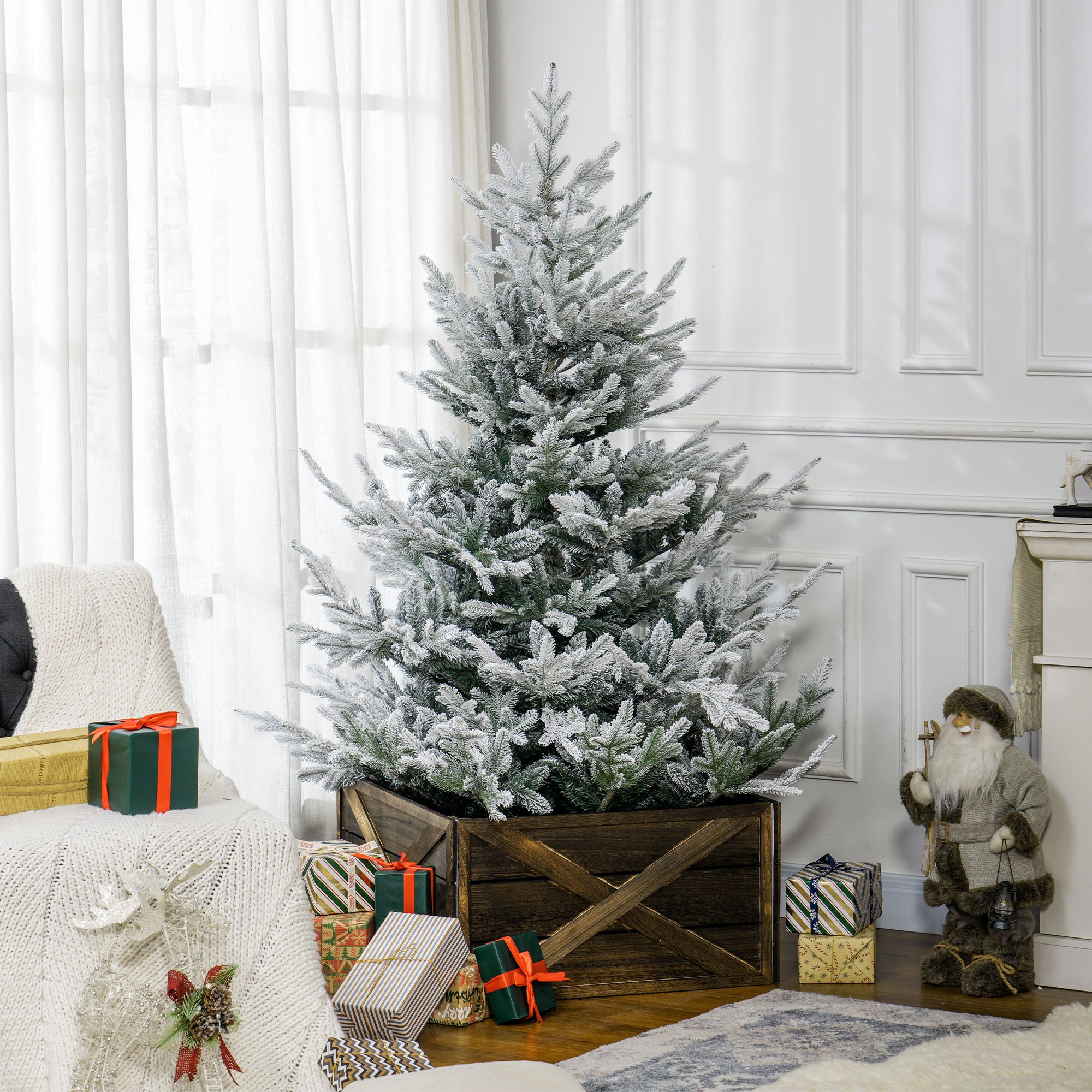 6 FT Artificial Christmas Tree, Flocked Hinged Xmas Tree with 795 Tips, Steel Base, Auto Open, Green