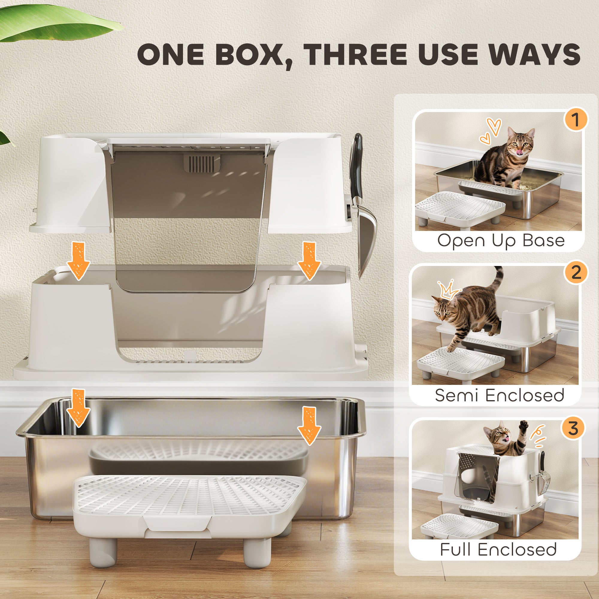 XL Stainless Steel Litter Box w/ 100° Flip Top, Scoop, Step, Top & Side Entry Enclosed Litter Box for Big Cats - Light Gray - Image 5