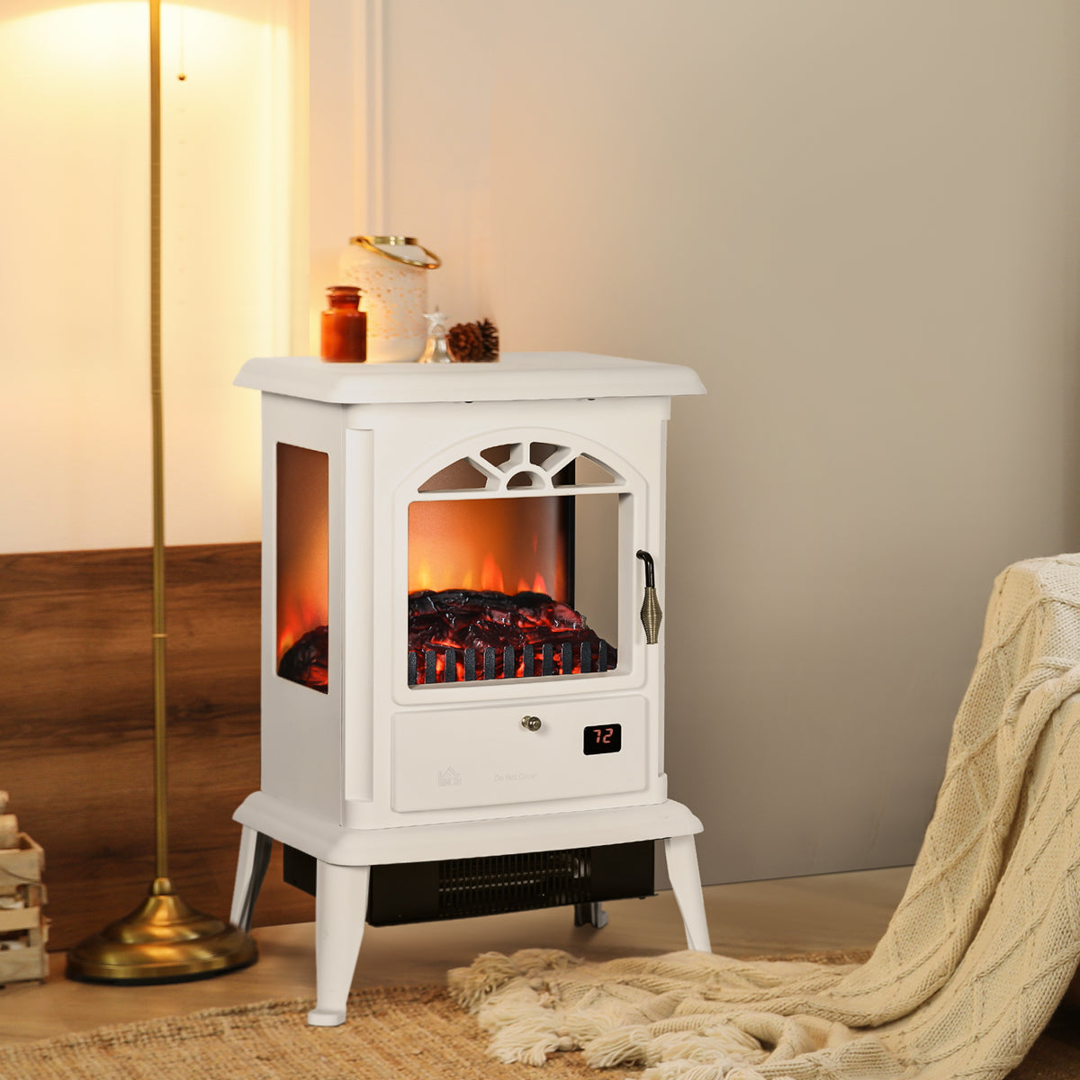 23" Electric Infrared Fireplace Stove, Freestanding Fire Place Heater with Realistic Log Flame, Adjustable Temperature, Timer, 1000W/1500W, White