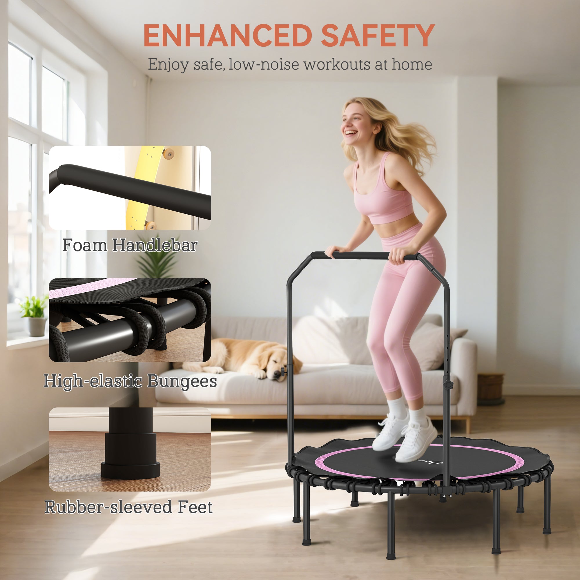 48" Rebounder Trampoline for Adults, Foldable Mini Trampoline with Adjustable Handle Bar for Indoor Outdoor, Pink