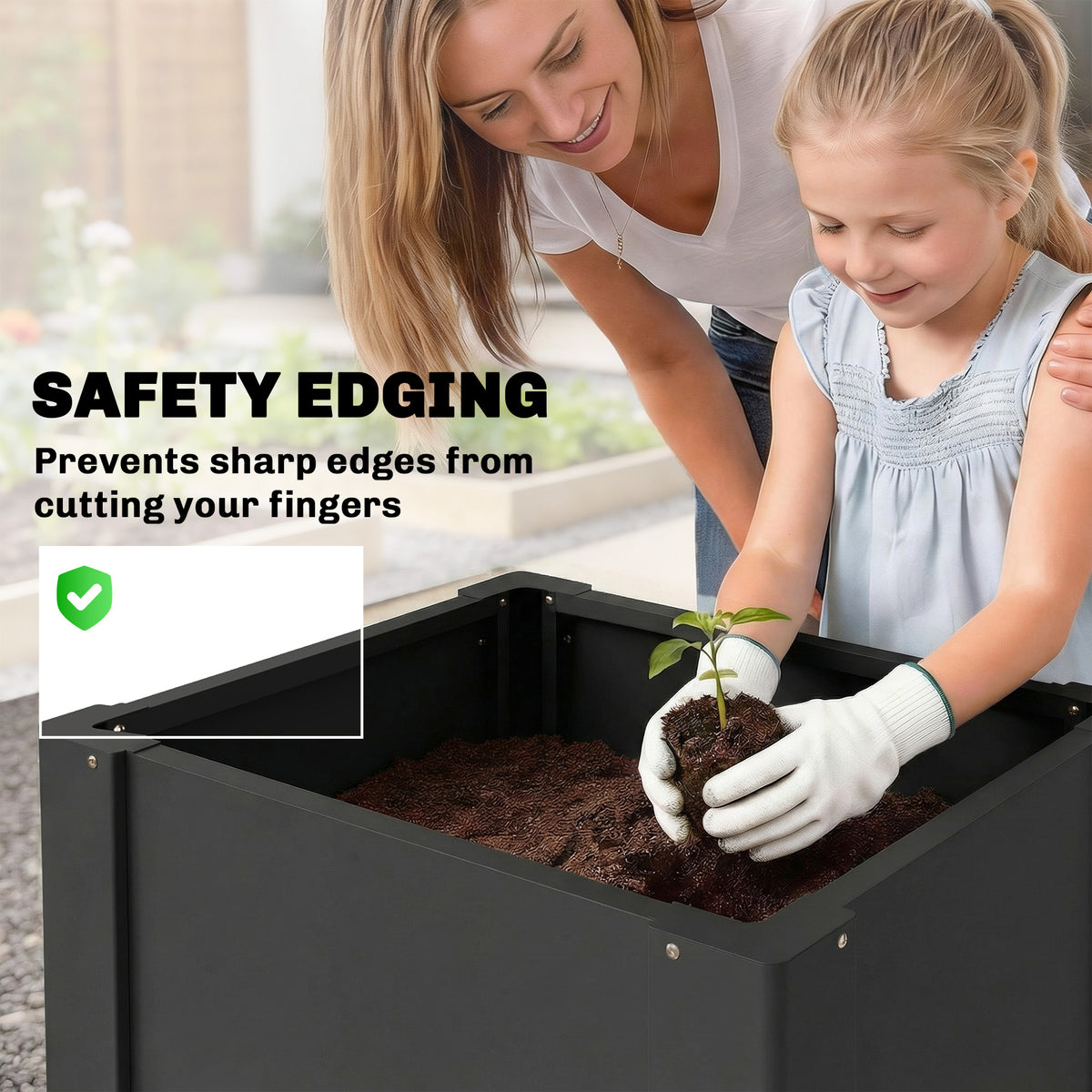Raised Garden Bed Galvanized Planter Box Outdoor with Gloves for Gardening Vegetables, Flower, Herb, 1.4 x 1.4 x 1.5 ft, Black