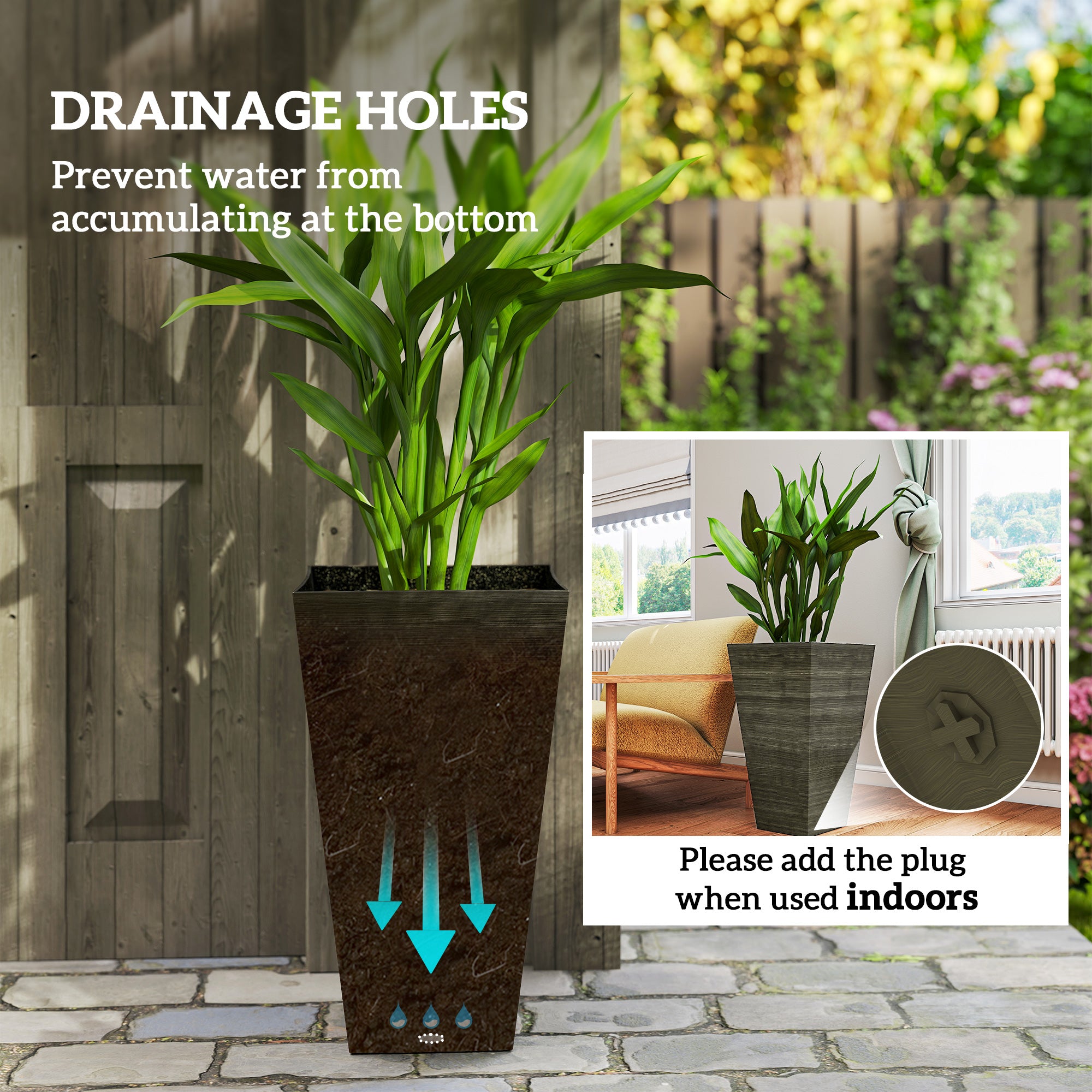 Set of 3 Tall Planters, 28" Outdoor Planter w/ Drainage Holes, Faux Wood Plastic Flower Pots, Dark Brown - Dark Brown - Image 5