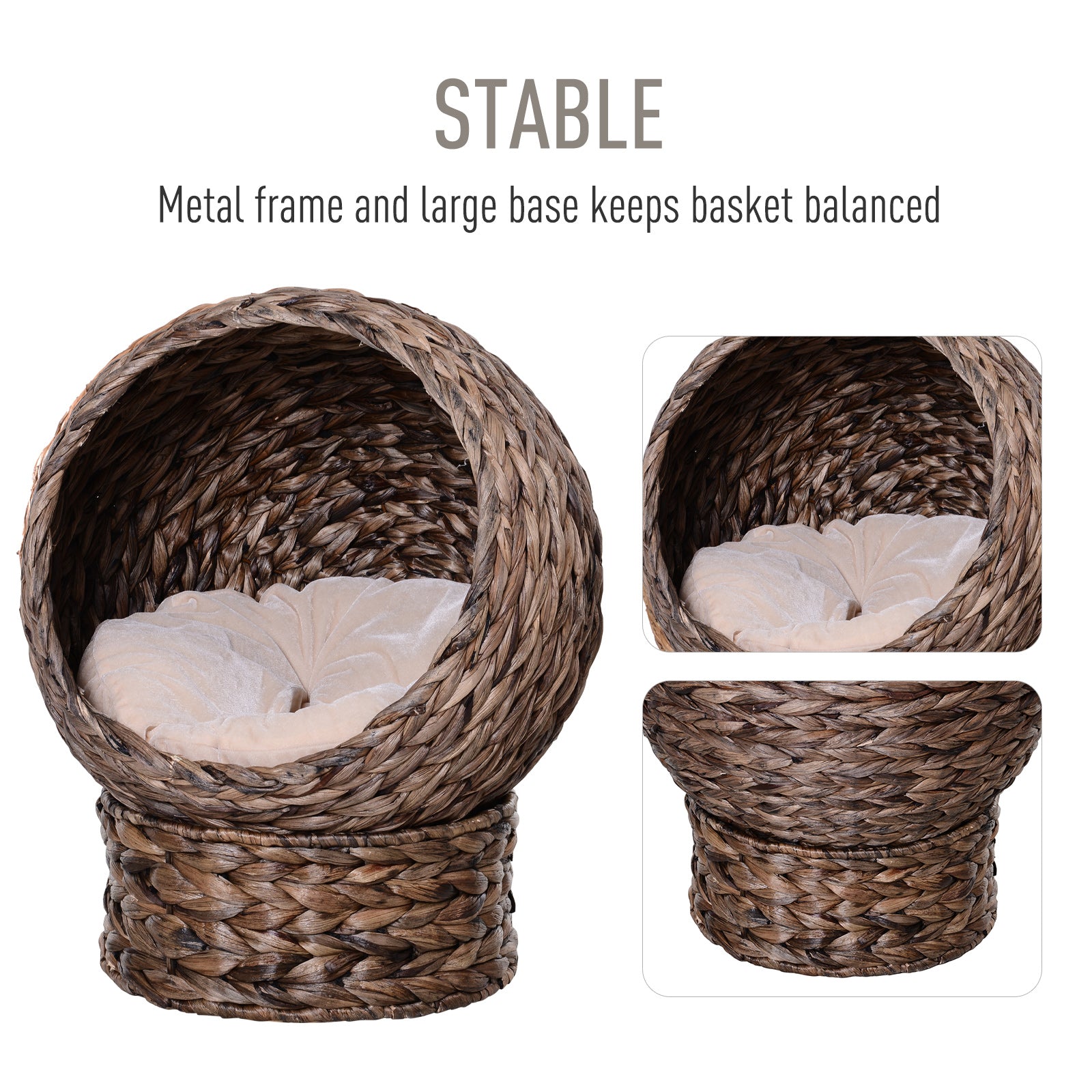 Handwoven Elevated Cat Bed with Rotating Basket and Soft Cushion, Wicker Cat Egg Chair with Stand, Brown - Dark Gray - Image 4