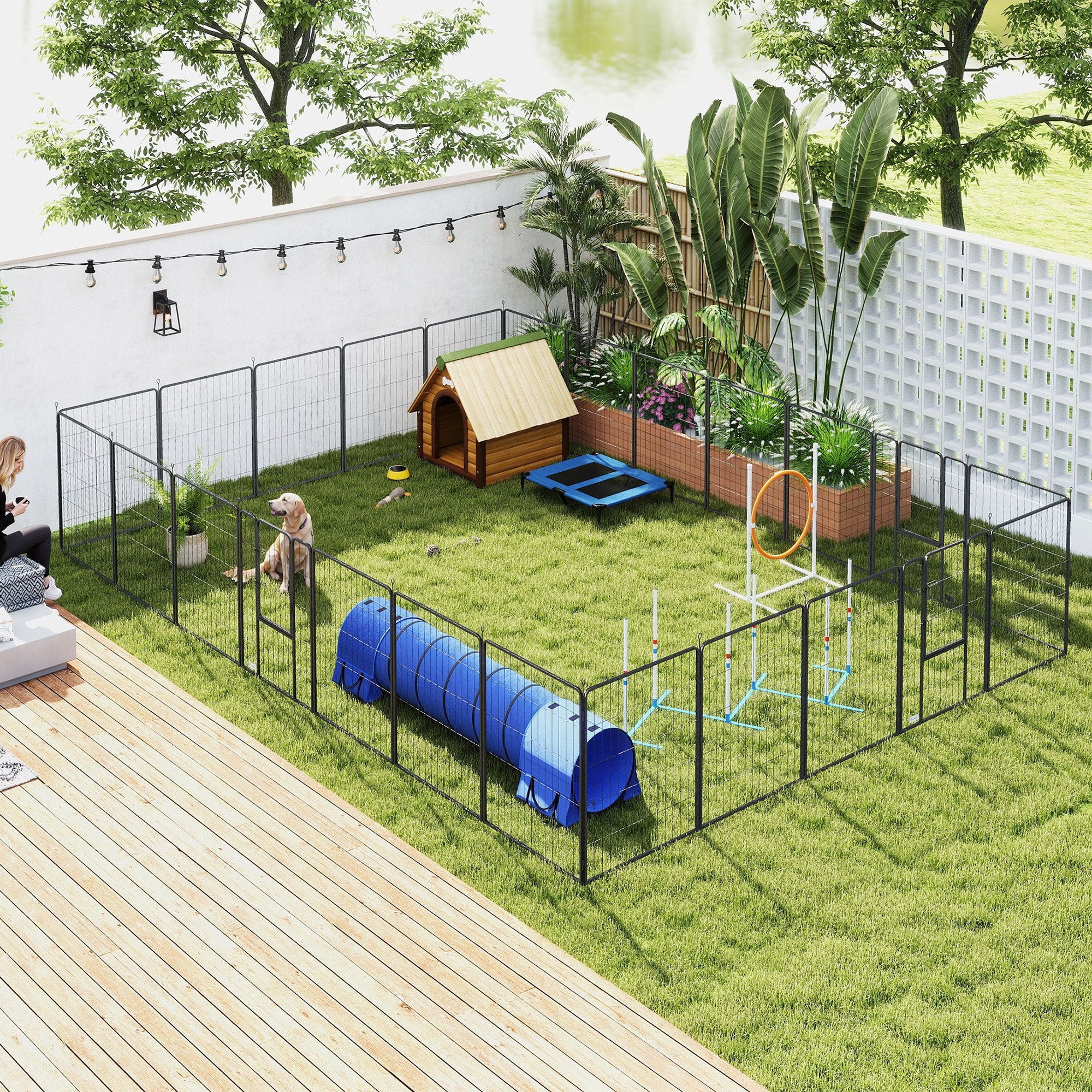 Dog Playpen for Indoor Outdoor, 24 Panels 39" H Puppy Playpen with Lockable Door, DIY Shape Pet Exercise Fence, Gray - Black - Image 2
