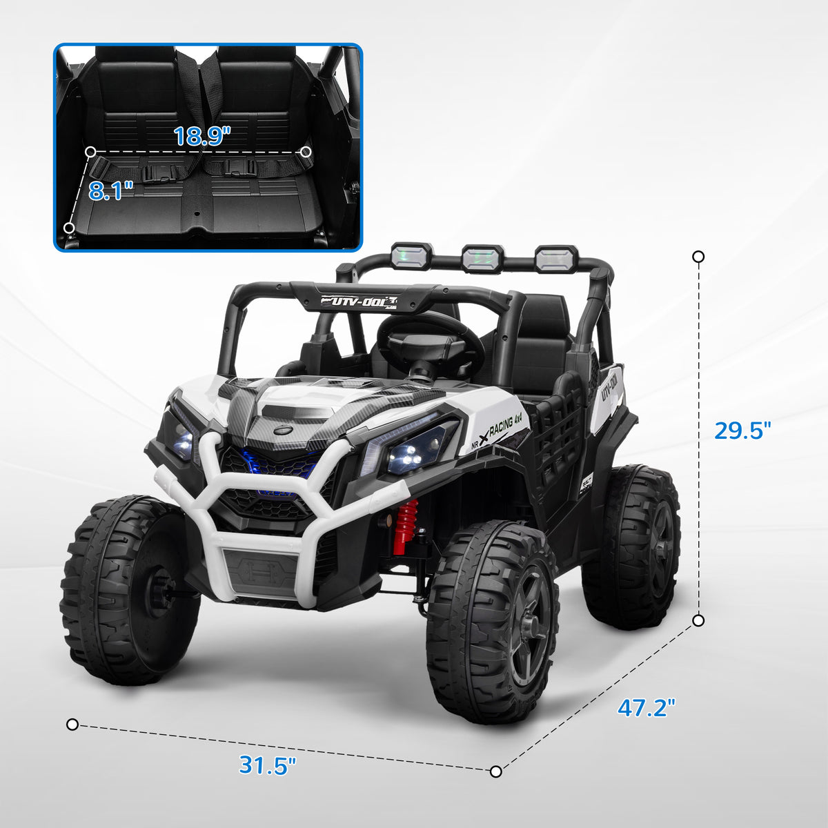 Qaba 2 Seater 24V Kids Electric Car w/ Remote Control, 3 Speed, LED Lights, Music, Horn, Spring Suspension, Slow Start, White