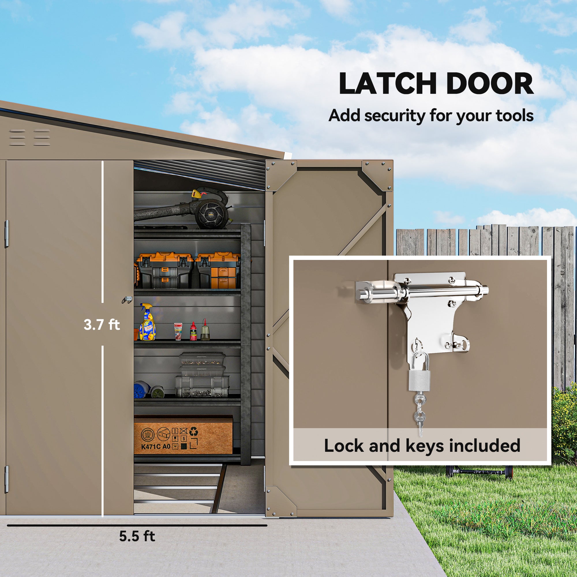 Metal Lean to Shed, 4.6' x 9', with Foundation Kit, Lockable Doors, for Outdoor Patio Lawn, Brown - Brown - Image 7