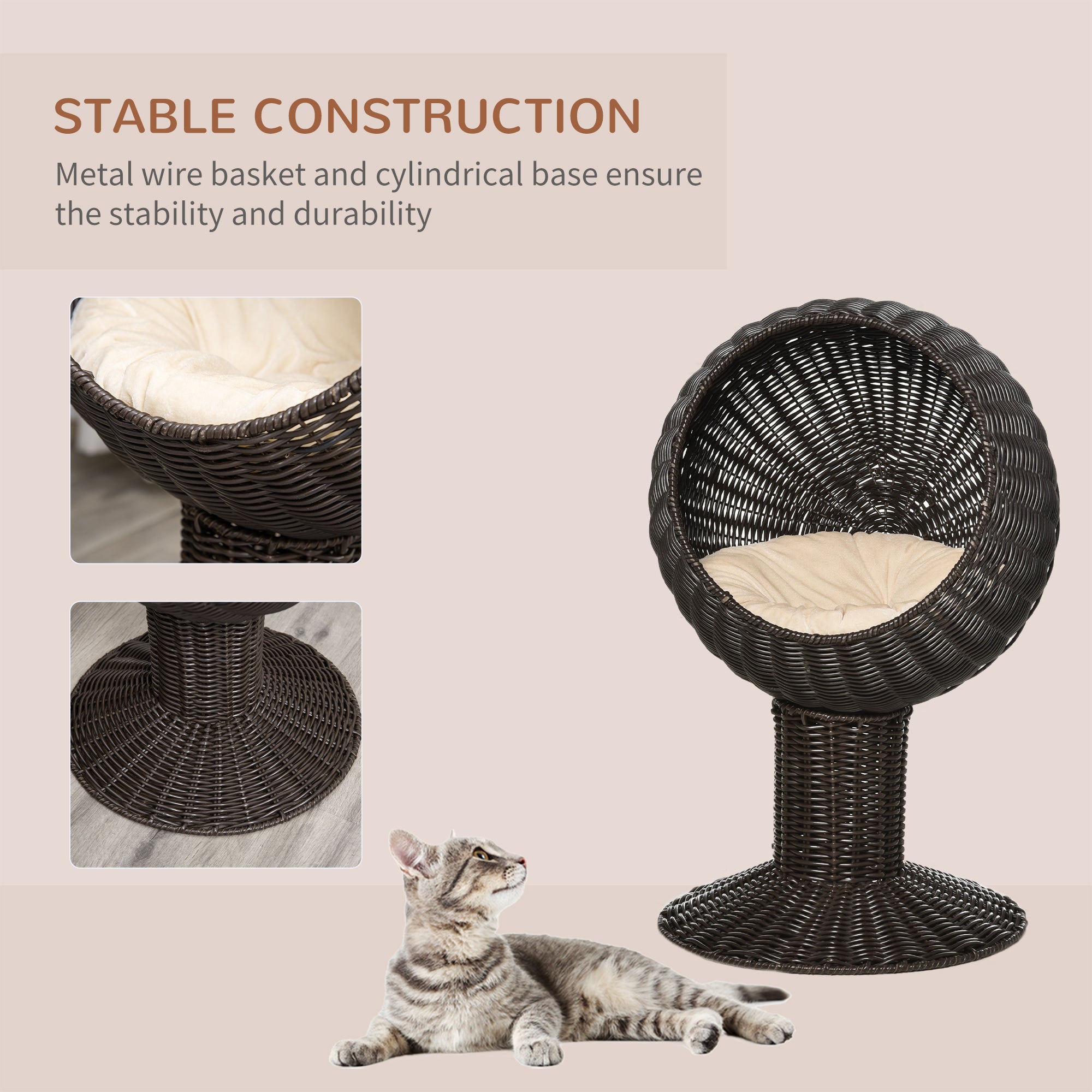Elevated Cat Bed with Rotatable Egg Chair Pod, Cat Basket Bed with Thick Cushion, Natural Mat Grass Woven Kitty House, Coffee - Coffee - Image 4
