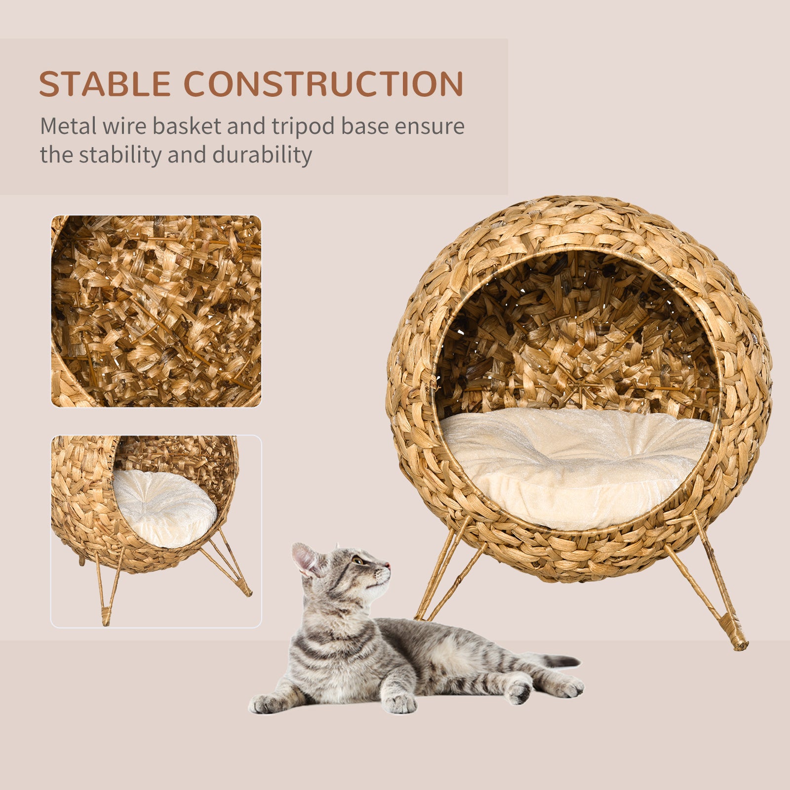 20.5" Weaved Cat Bed, Elevated Hand-woven Braided Banana Leaf Kitten House Condo with Cushion, Natural - Natural Wood - Image 4