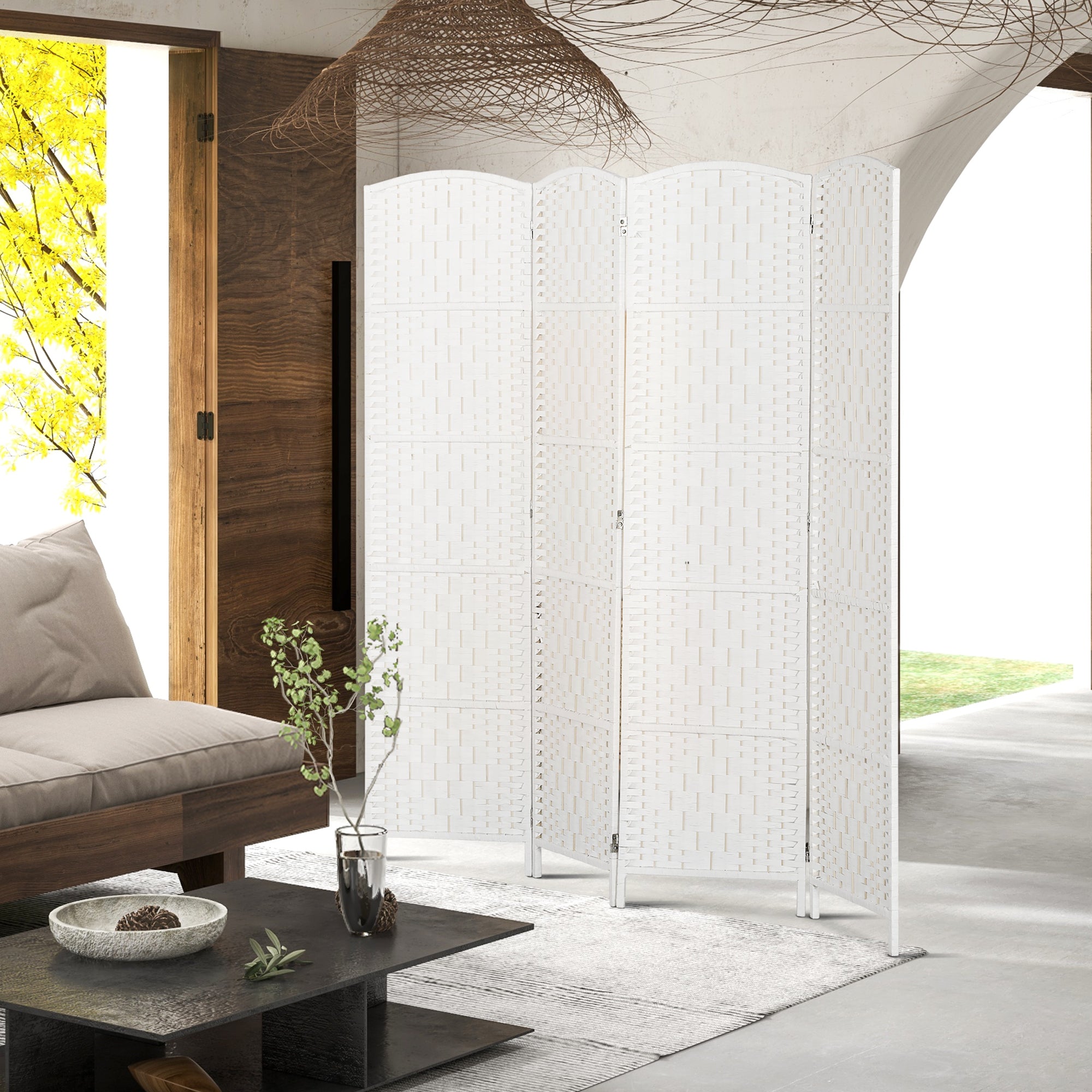 Room Divider, 4 Panel Folding Privacy Screen, 6FT Tall Portable Weave Partition Wall Divider for Bedroom, White