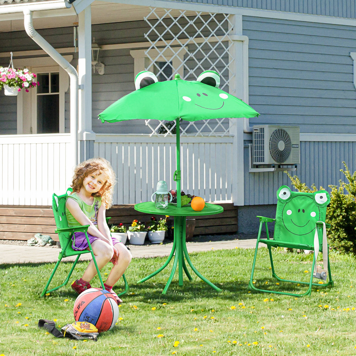 Kids Table and Chair Set, Outdoor Folding Garden Furniture, Picnic Table for Patio Backyard, with Removable & Height Adjustable Sun Umbrella, Green Frog