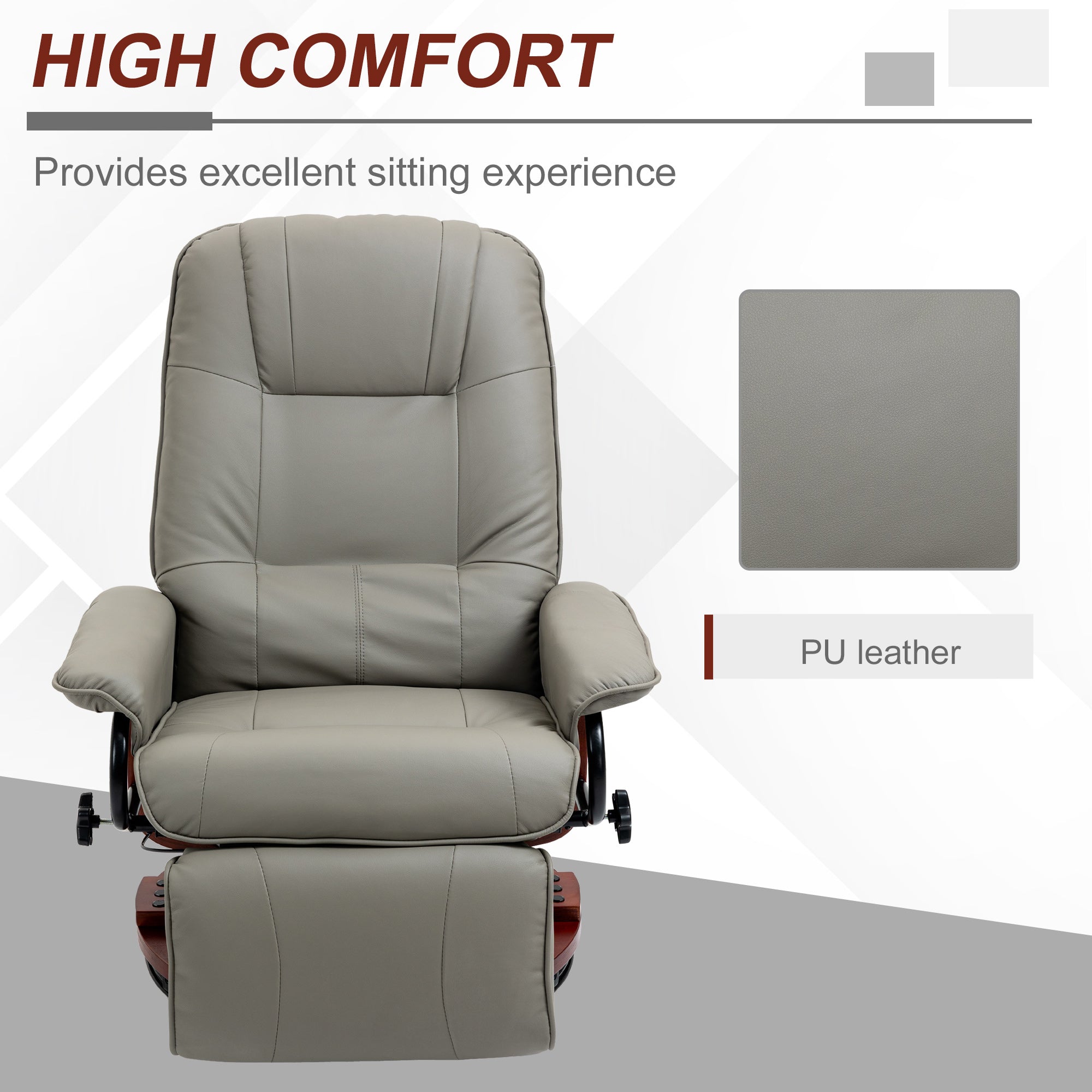 Faux Leather Manual Recliner, Adjustable Swivel Lounge Chair with Footrest, Armrest and Wrapped Wood Base for Living Room, Gray