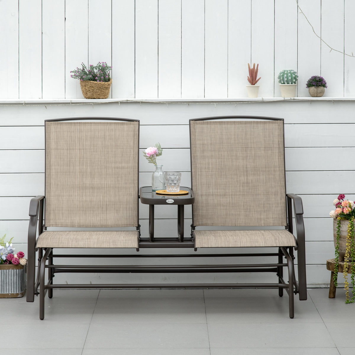 Outdoor Glider Bench with Center Table, Metal Frame Patio Loveseat with Breathable Mesh Fabric and Armrests for Backyard Garden Porch, Brown