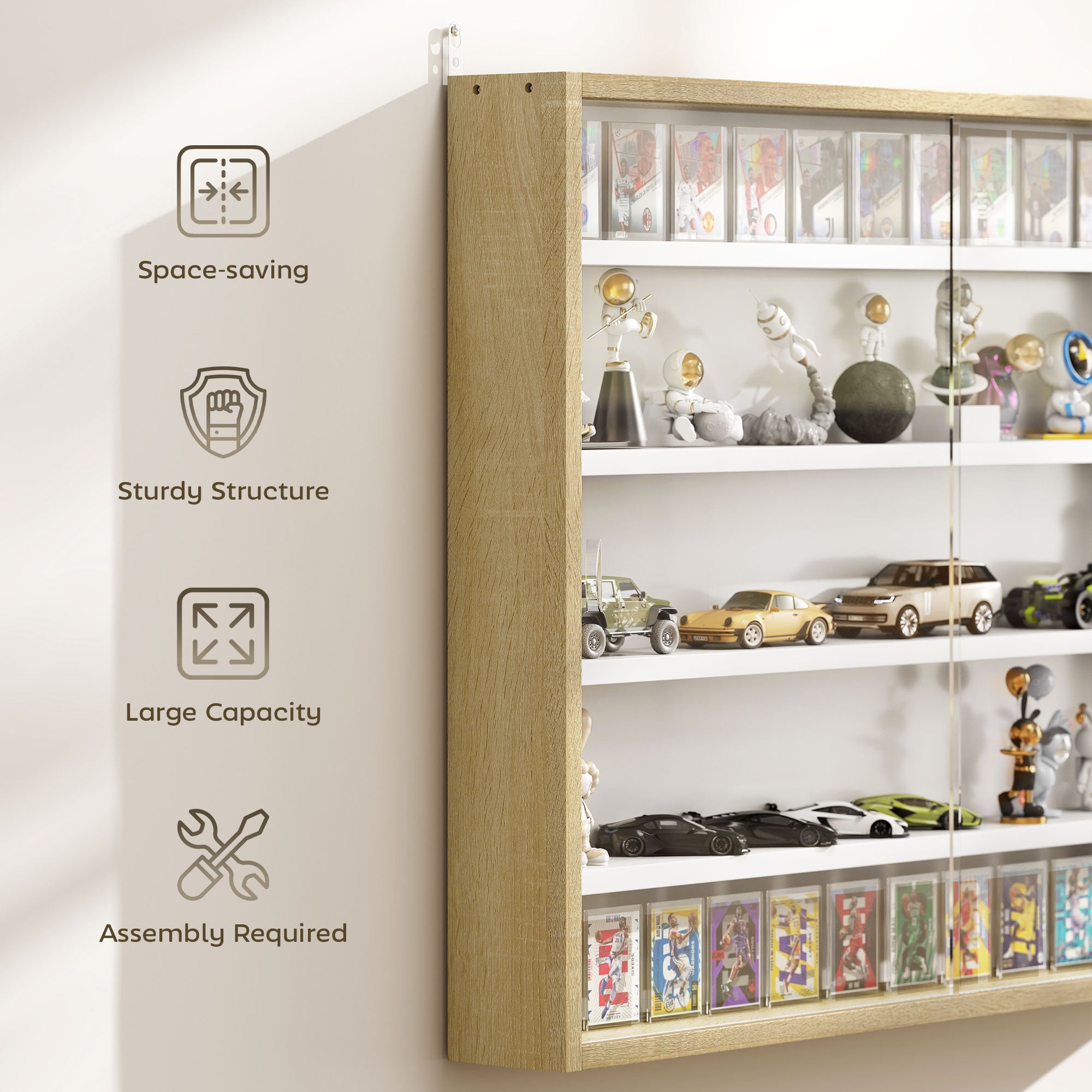 5-Tier Display Cabinet, Wall-Mounted Display Case with 2 Glass Doors and Adjustable Shelves, Oak and White