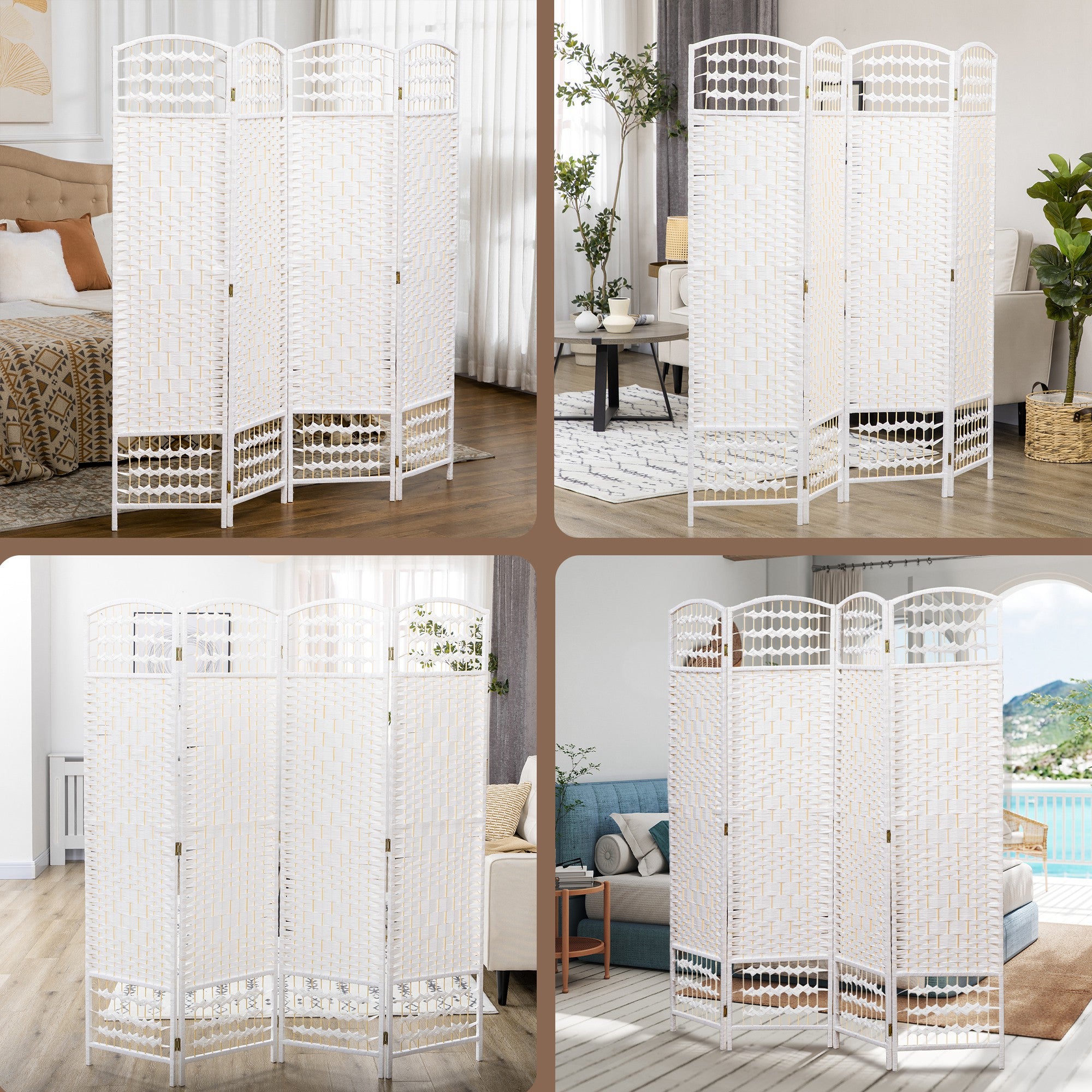4 Panel Folding Room Divider Portable Privacy Screen Wave Fiber Room Partition for Home Office White