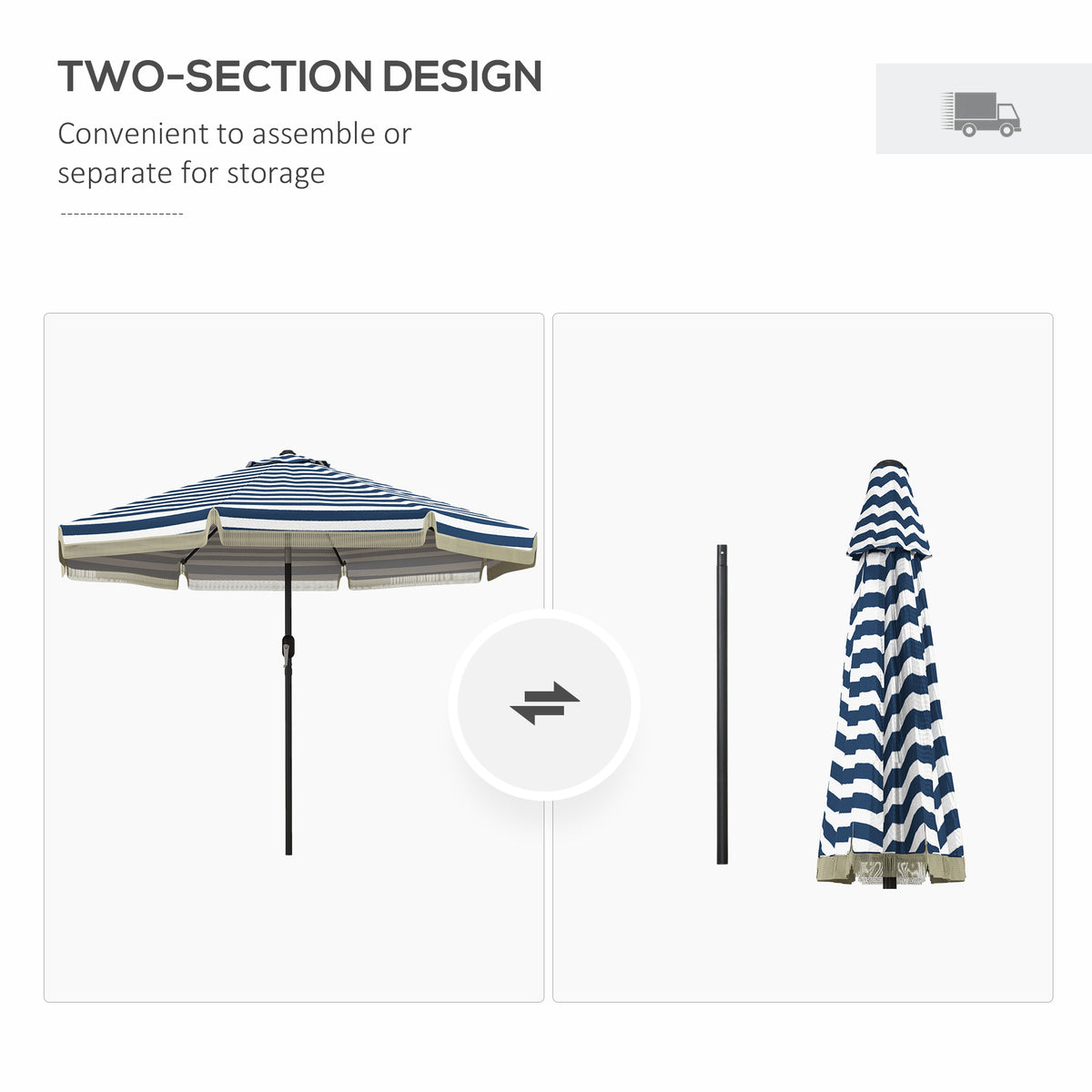 9ft Patio Umbrella Outdoor Table Umbrella w/ Tilt, Crank, Ruffled, 8 Ribs for Garden, Deck, Pool, Blue Stripe