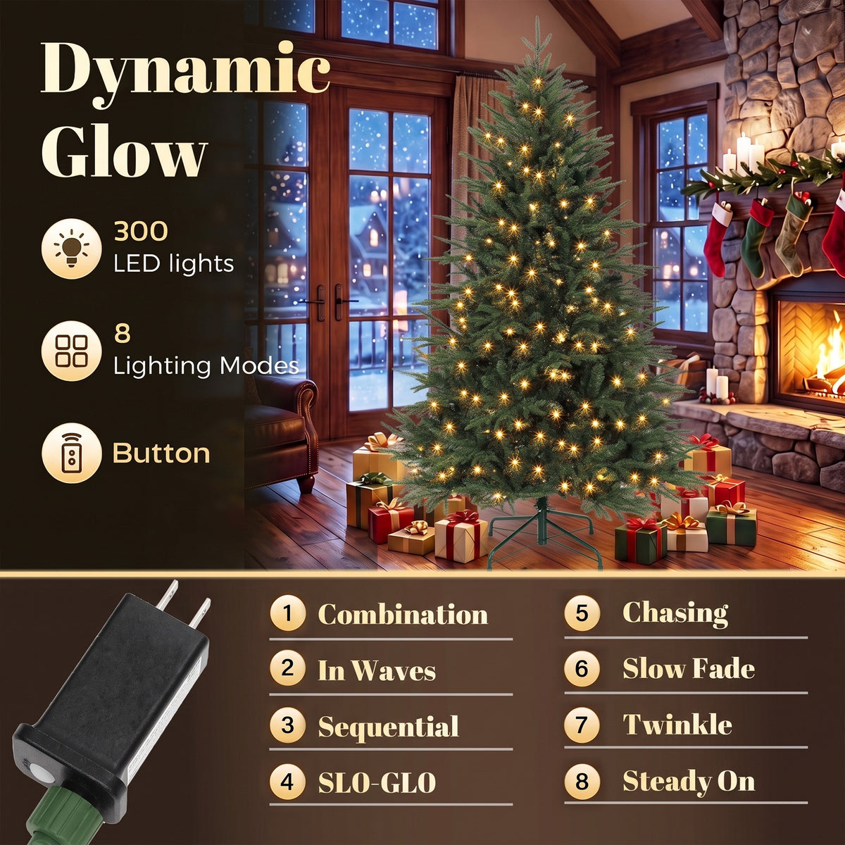 6ft Prelit Christmas Tree, Wide Artificial Hinged Xmas Tree with 300 Warm White LED Lights, 2345 Tips, Green