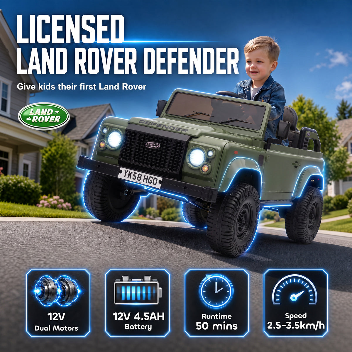 12V Electric Car for Kids 3+ Years, Licensed Land Rover Defender Toddler Ride on Car w/ Remote Control, Green