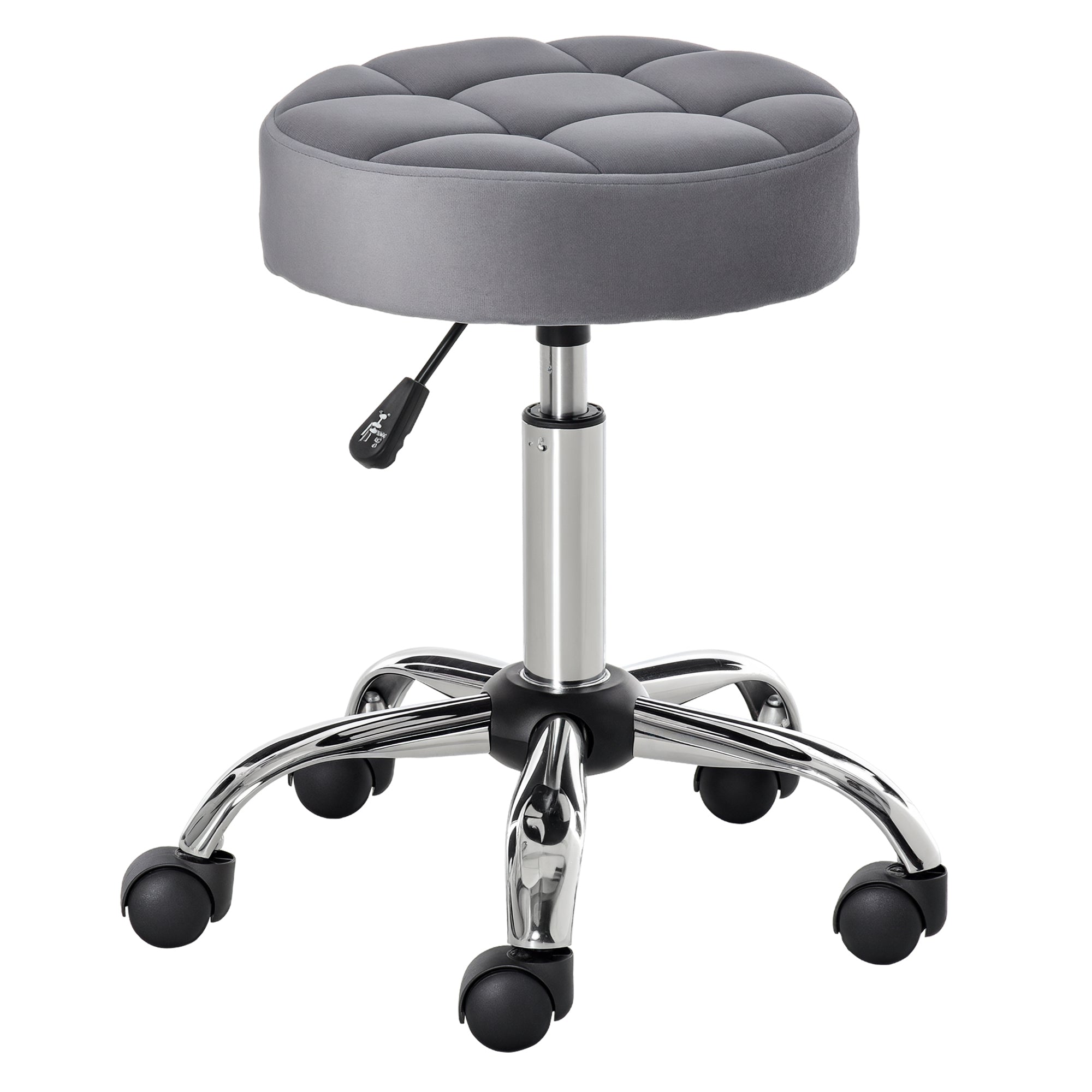 Round Rolling Stool with Height Adjustable Lift, Vanity Chair with Luxury Style Upholstery, Office Chair with Swivel Seat and Wheels for Work Spa Salon, Grey