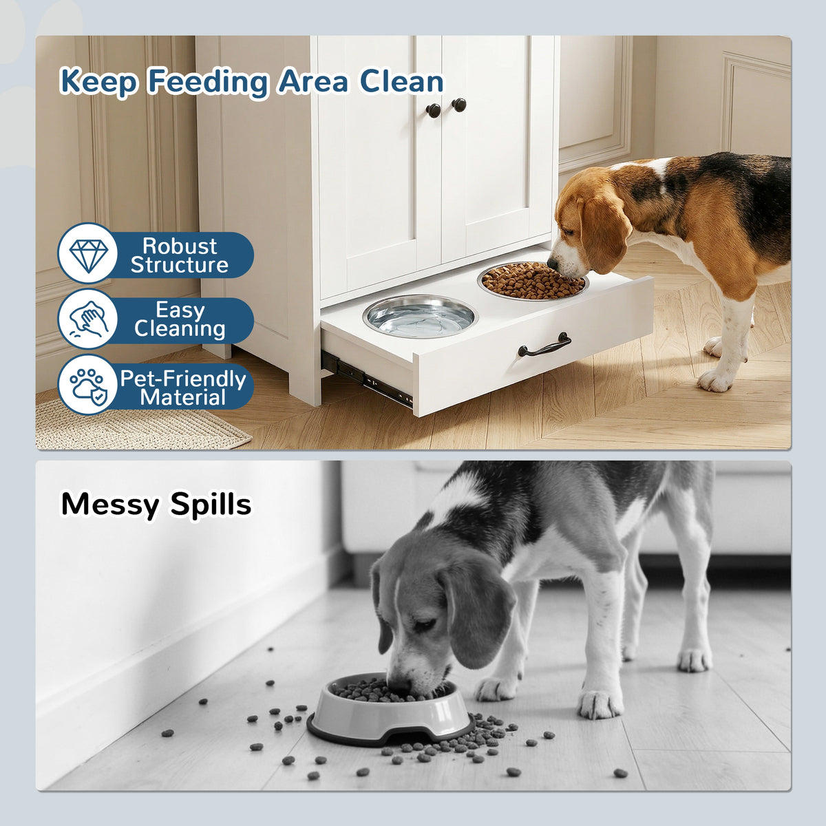Pet Feeding Station, Dog Food Storage Cabinet w/ Raised Dog Bowls, Adjustable Panel, Hooks for Medium Dogs, White