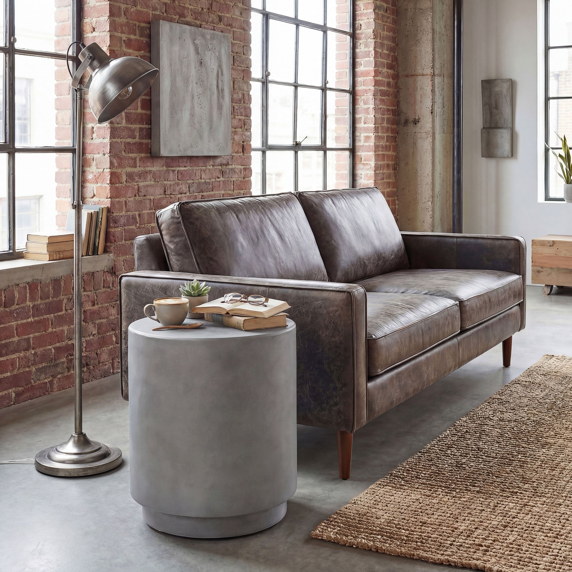 Lightweight Accent Table with Concrete Finish Round Side Table, Light Gray