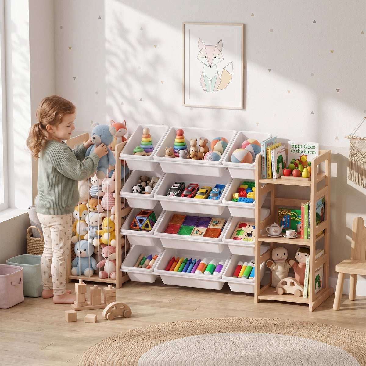 3-in-1 Wooden Toy Storage Organizer with Stuffed Animal Storage, Bookshelf, 12 Bins for Bedroom, Playroom, Nursery
