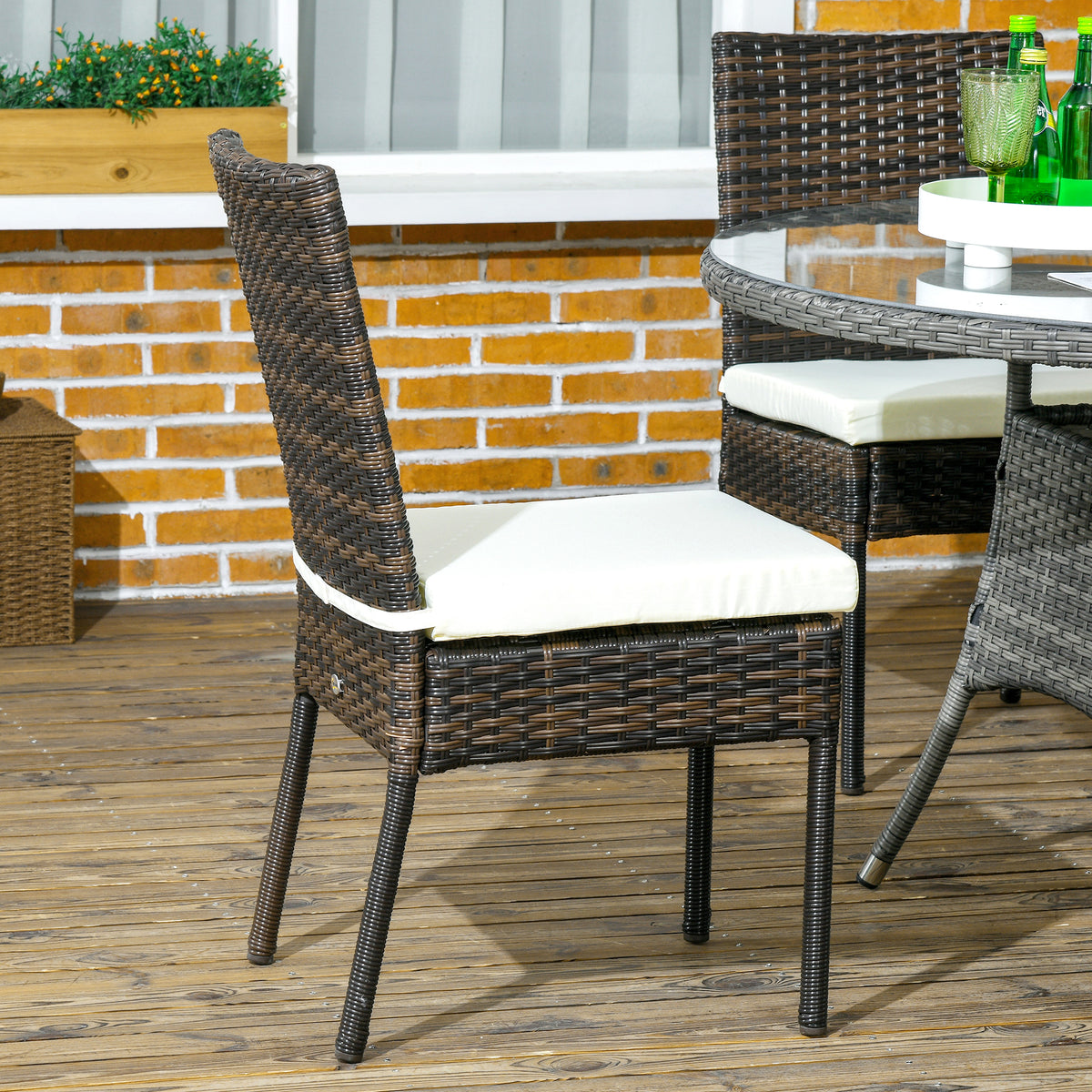4 PE Rattan Outdoor Dining Chairs with Cushions, Patio Wicker Dining Chairs with Backrest, Brown
