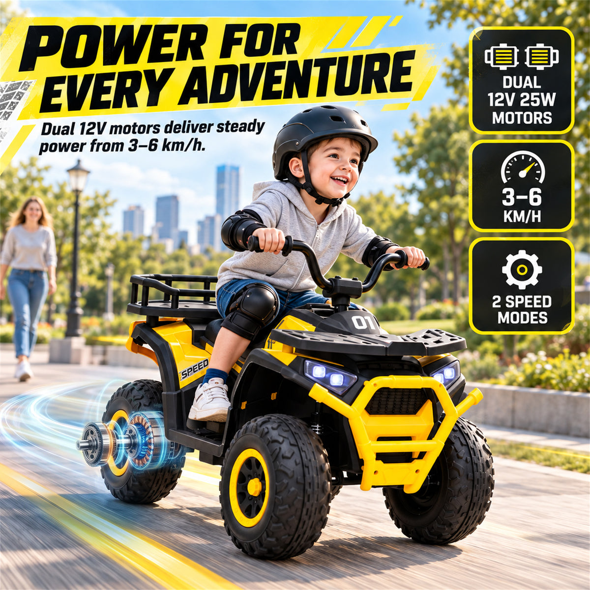 12V Kids ATV, 4 Wheeler Quad with 4 Spring Suspension Wheels, LED Lights, Music USB for 3-5 Years, Yellow