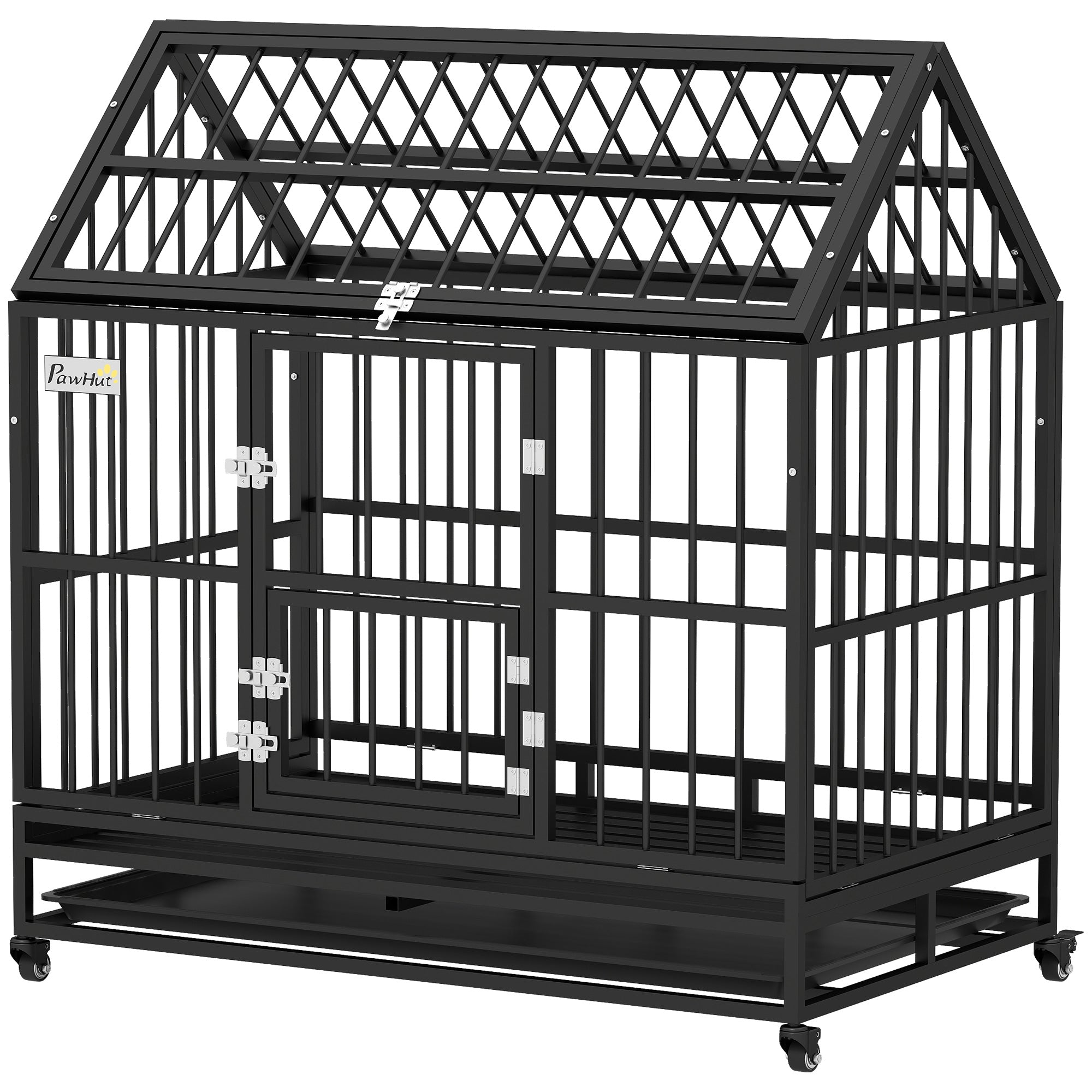 48" Heavy Duty Dog Crate with 4 Lockable Wheels, Double Doors, and Removable Tray, for XL and L Dogs - Black