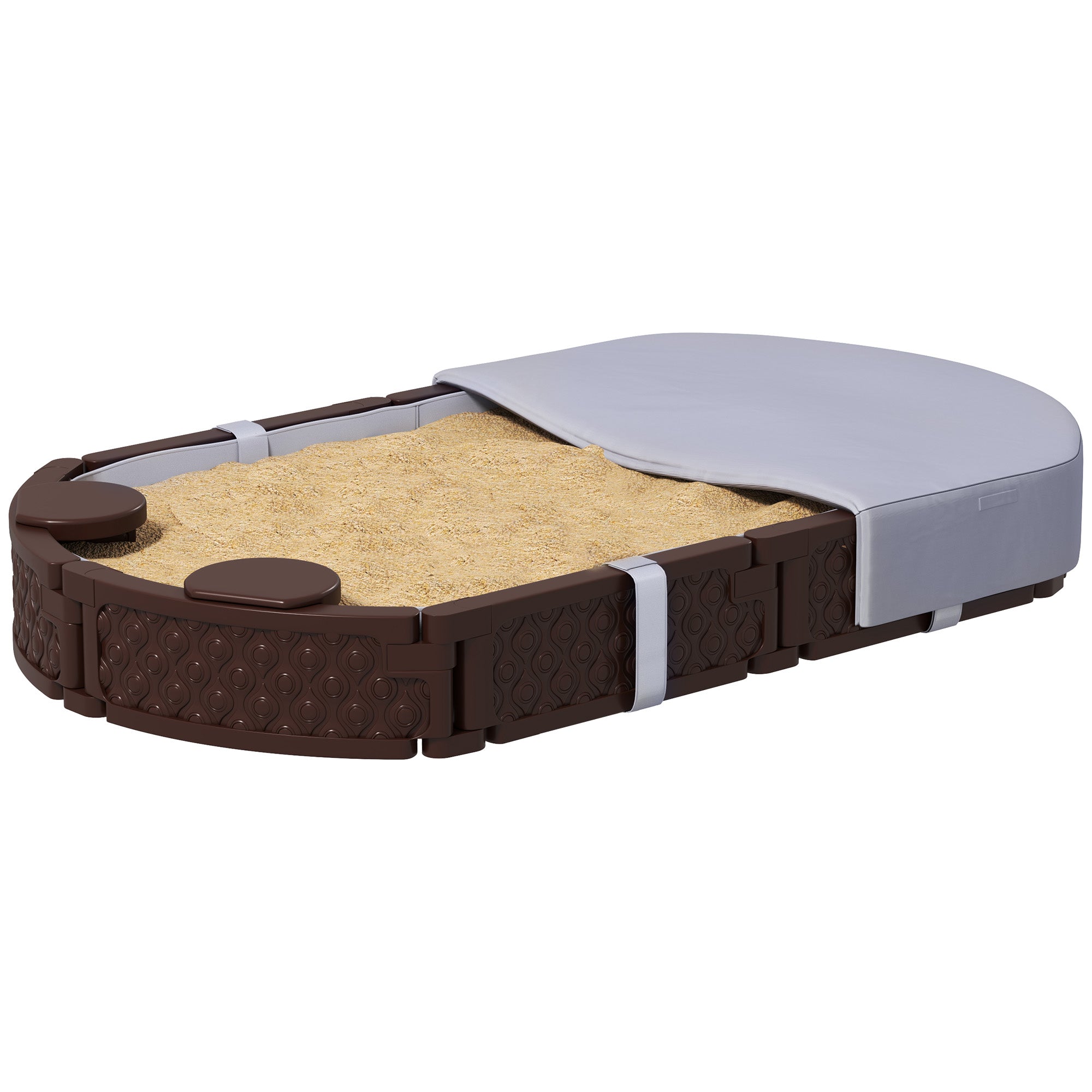 Kids Sandbox with Cover, 4 Corner Seats, Bottom Liner for Backyard, Garden, Outdoor, 71" x 42" W x 9", Dark Brown