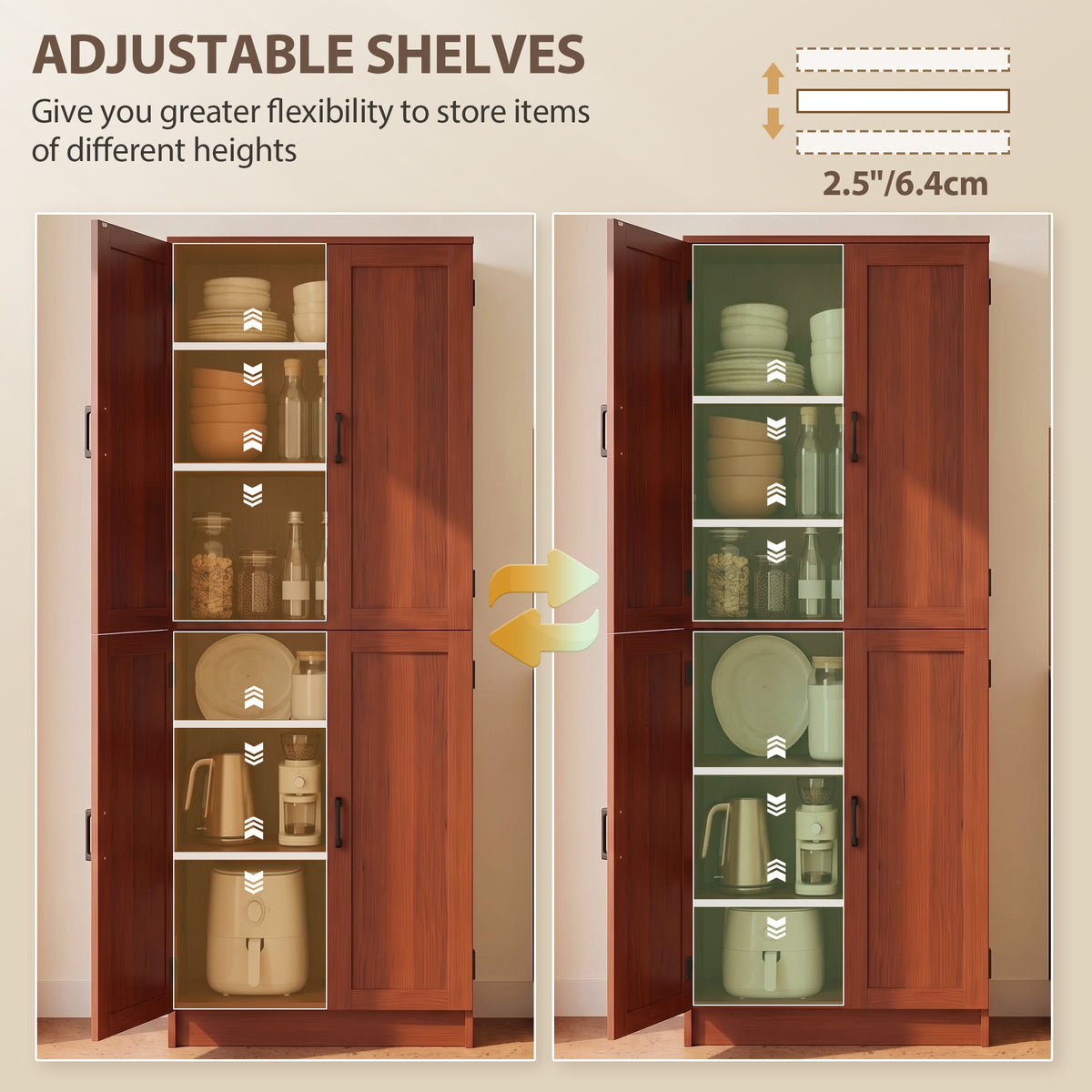 Freestanding Kitchen Pantry, 4-Door Kitchen Pantry Cabinet with Adjustable Shelves and Doors, Dark Brown