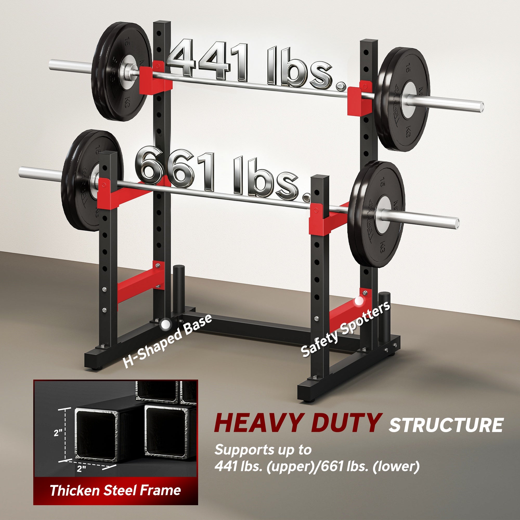 Adjustable Squat Rack, 660lbs Multi-Functional Bench Press Rack for Weight Lifting Home Gym Strength Training, Red