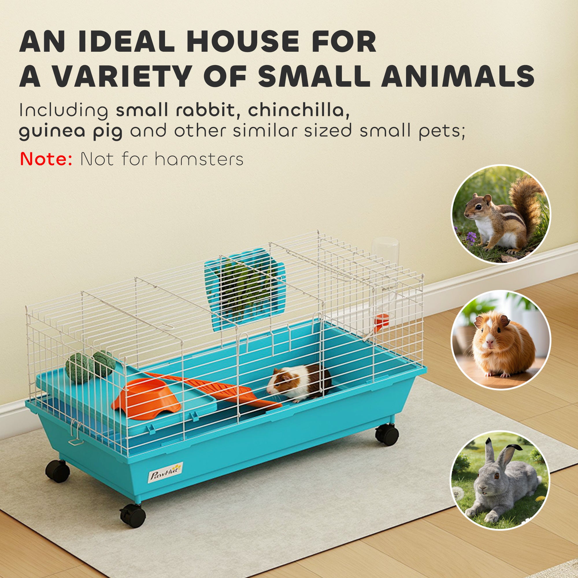 35"L Small Animal Cage, Rolling Bunny Cage, Guinea Pig Cage with Wheels, Food Dish, Water Bottle, Hay Feeder, Blue - Blue - Image 4
