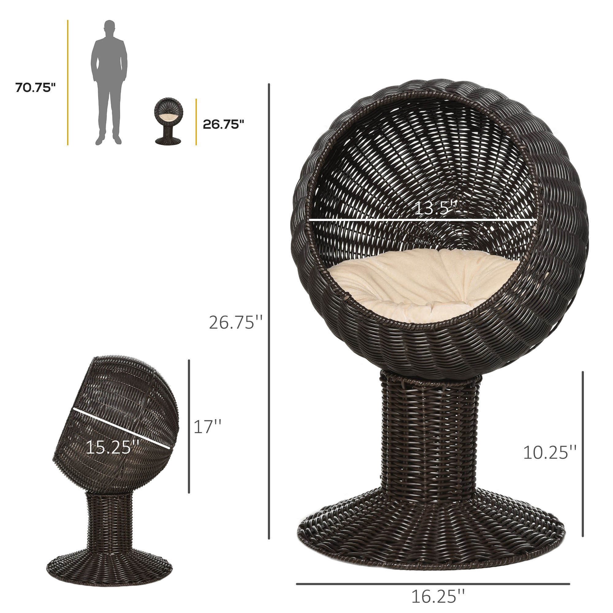Elevated Cat Bed with Rotatable Egg Chair Pod, Cat Basket Bed with Thick Cushion, Natural Mat Grass Woven Kitty House, Coffee - Coffee - Image 3