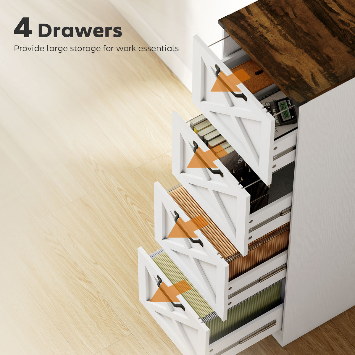 Vertical Storage Drawers Farmhouse X Pattern Printer Stand Fits Letter Files 4 Drawers White