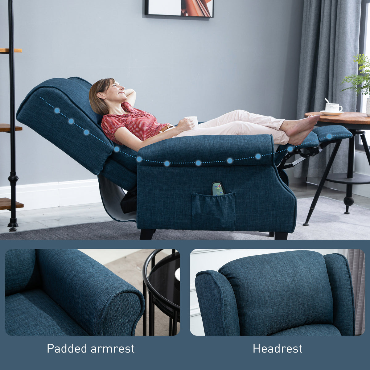 Vibration Massage Recliner Chair for Living Room with Heat, Wingback Single Sofa, Modern Linen Fabric Push Back Reclining Chair with Footrest, Side Pocket, Dark Blue