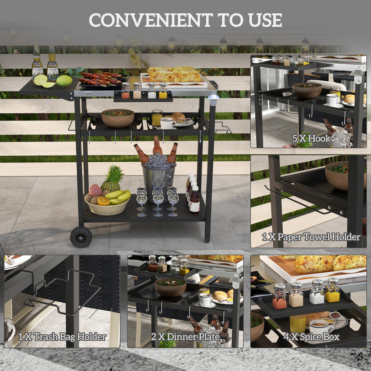 2-Tier Shelf Outdoor Bar Cart, Stainless Steel Tabletop Patio Serving Cart with Accessories for Poolside, Garden, Black