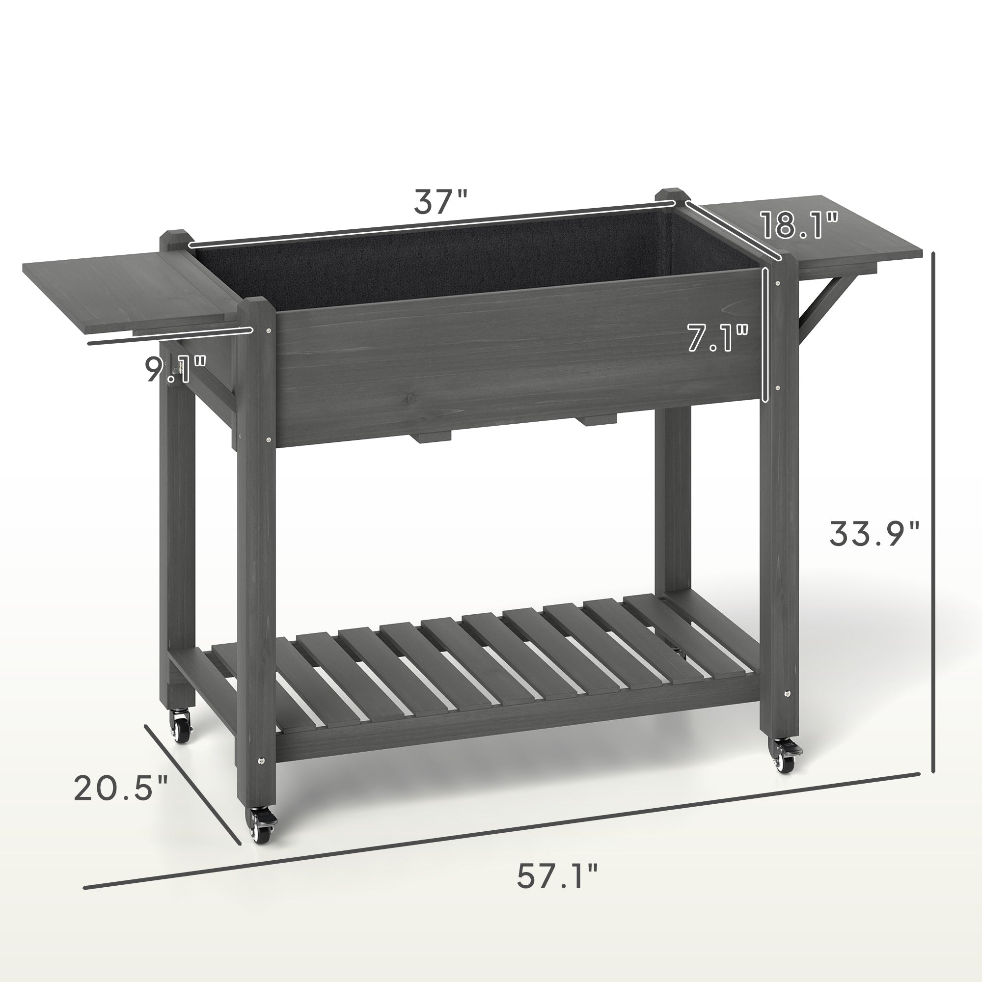 Wood Raised Planter Box, Elevated Garden Bed with Lockable Wheels, Side Tables, Bottom Shelf, Drain Holes, Gray - Gray - Image 3