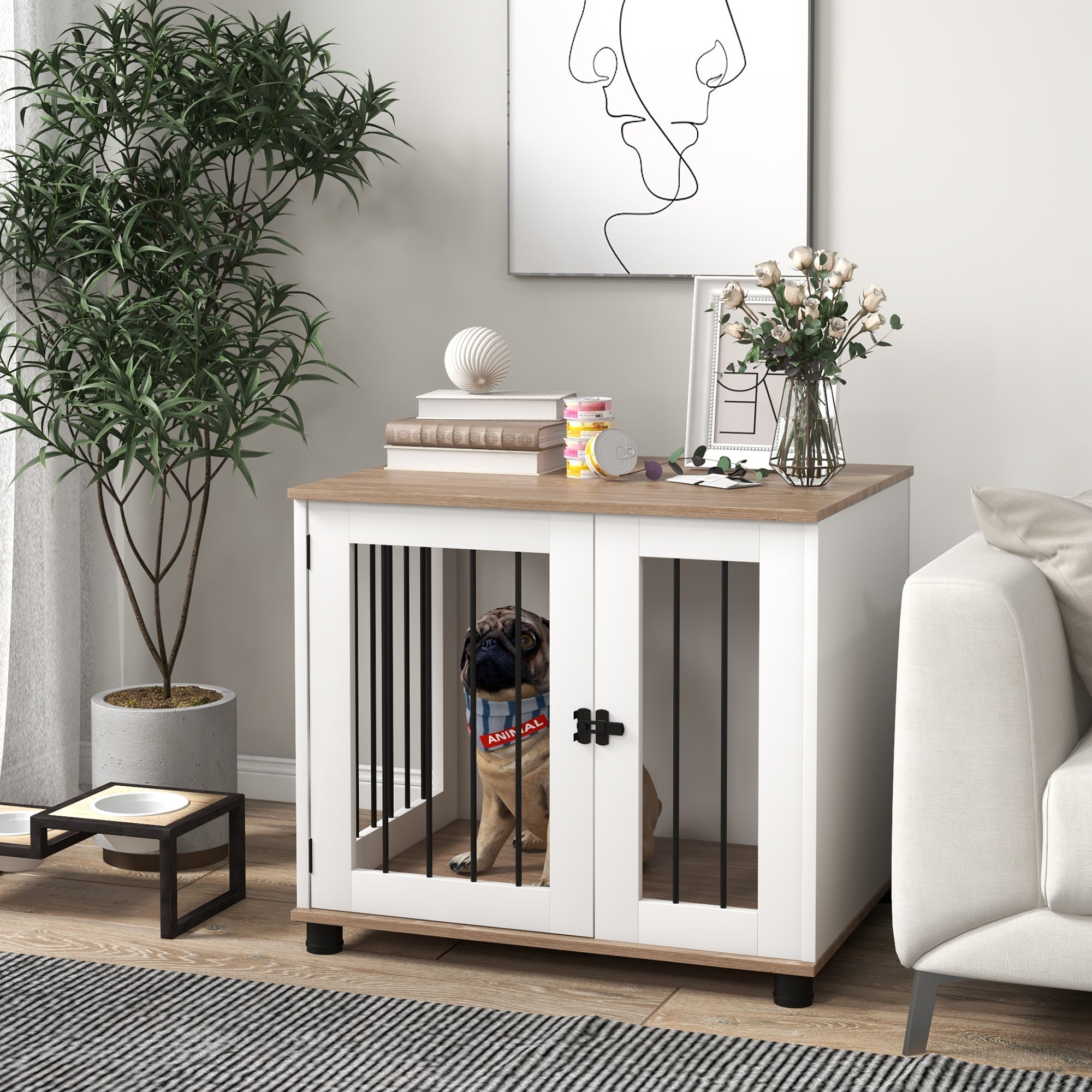 Dog Kennel Furniture Side End Table Indoor with Lockable Door, for Small and Medium Dogs, Walnut Brown - Brown - Image 2
