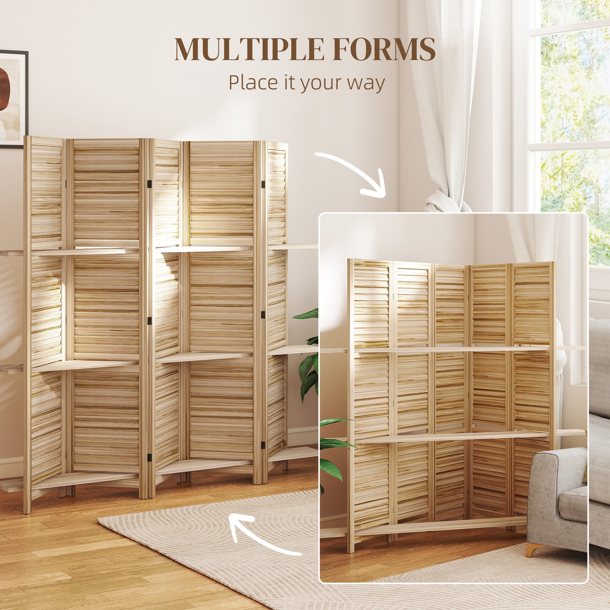 5 Panel 67" Tall Wood Privacy Screen Room Divider with 3 Shelves and Folding Storage for Bedroom, Natural Wood