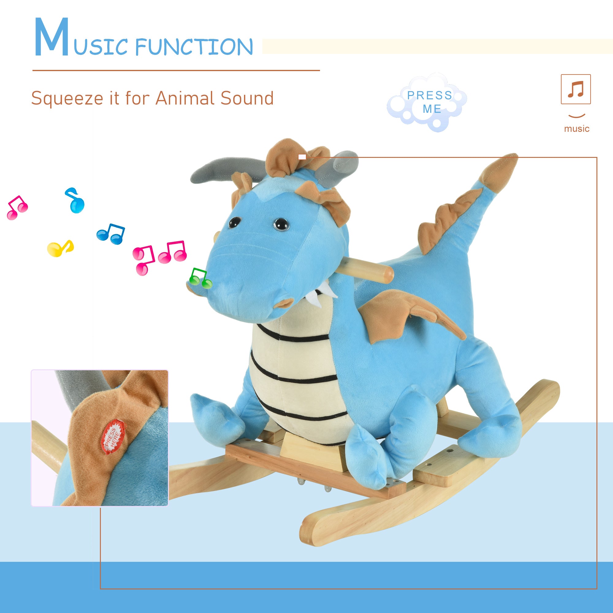 Kids Plush Ride-On Rocking Horse Toy Dinosaur Ride Rocking Chair with Realistic Sounds for18-36 Months, Blue